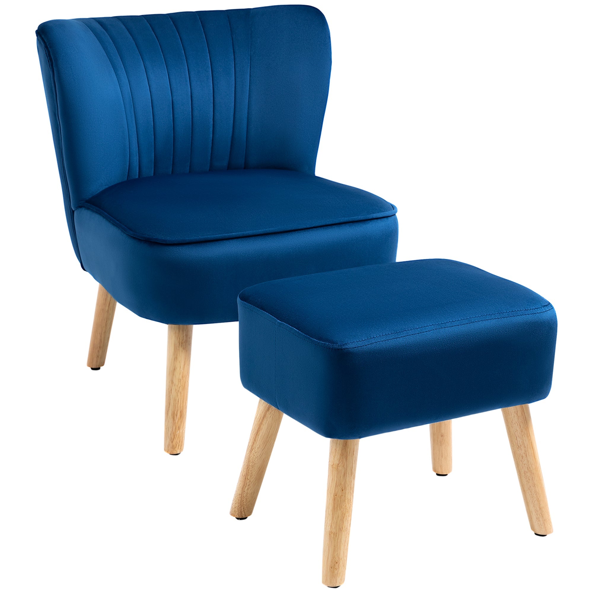 Velvet Accent Chair Occasional Tub Seat Padding Curved Back w/ Ottoman Wood Frame Legs Home Furniture, Dark Blue-0