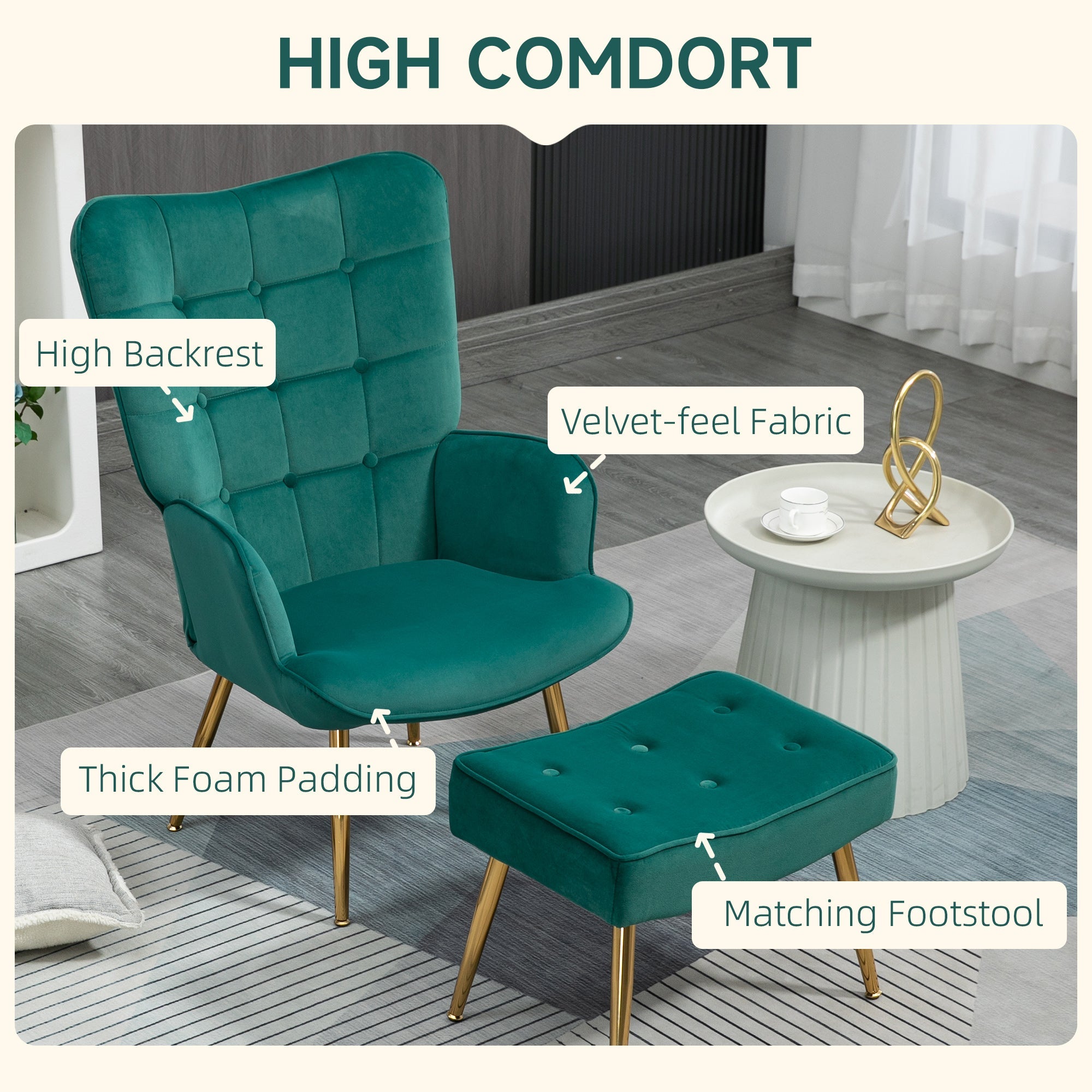 Upholstered Armchair w/ Footstool Set, Modern Button Tufted Accent Chair w/ Gold Tone Steel Legs, Wingback Chair, Dark Green-3