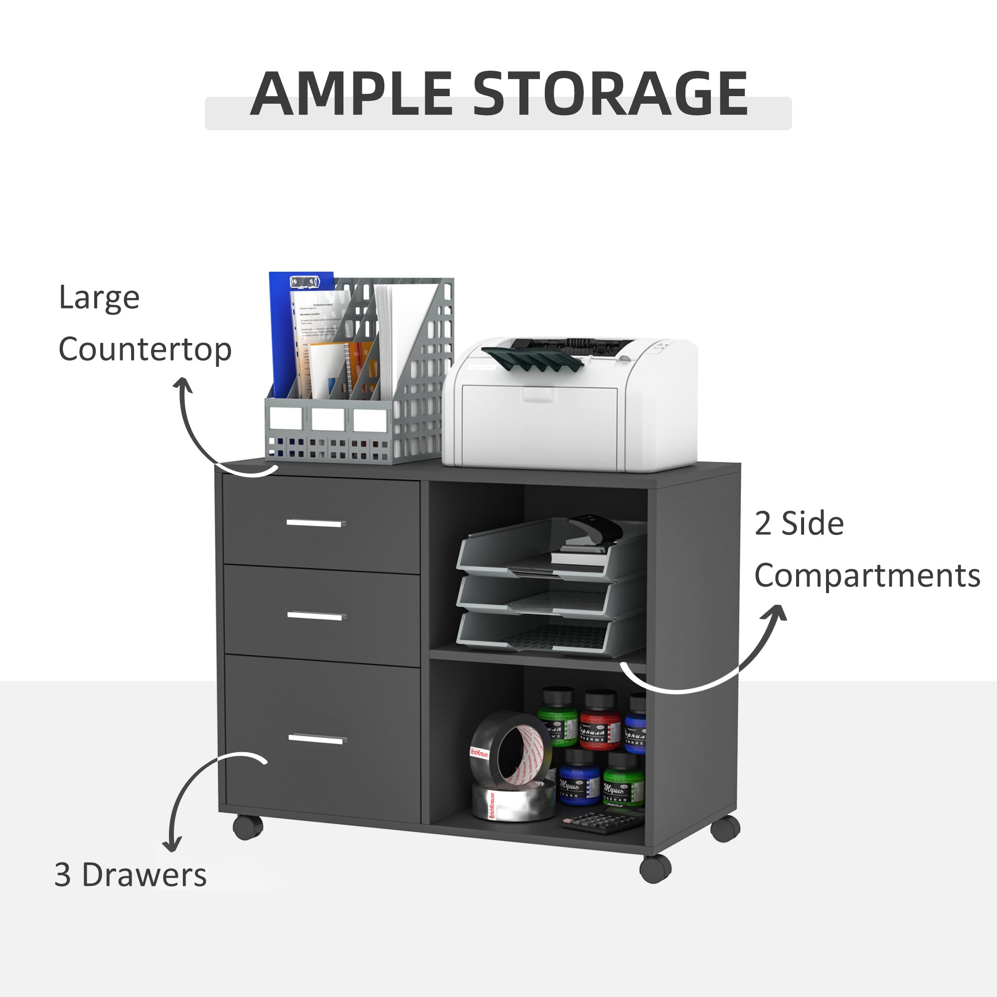 Freestanding Printer Stand Unit Office Desk Side Mobile Storage w/ Wheels 3 Drawers, 2 Open Shelves Modern Style 80L x 40W x 65H cm - Grey-3