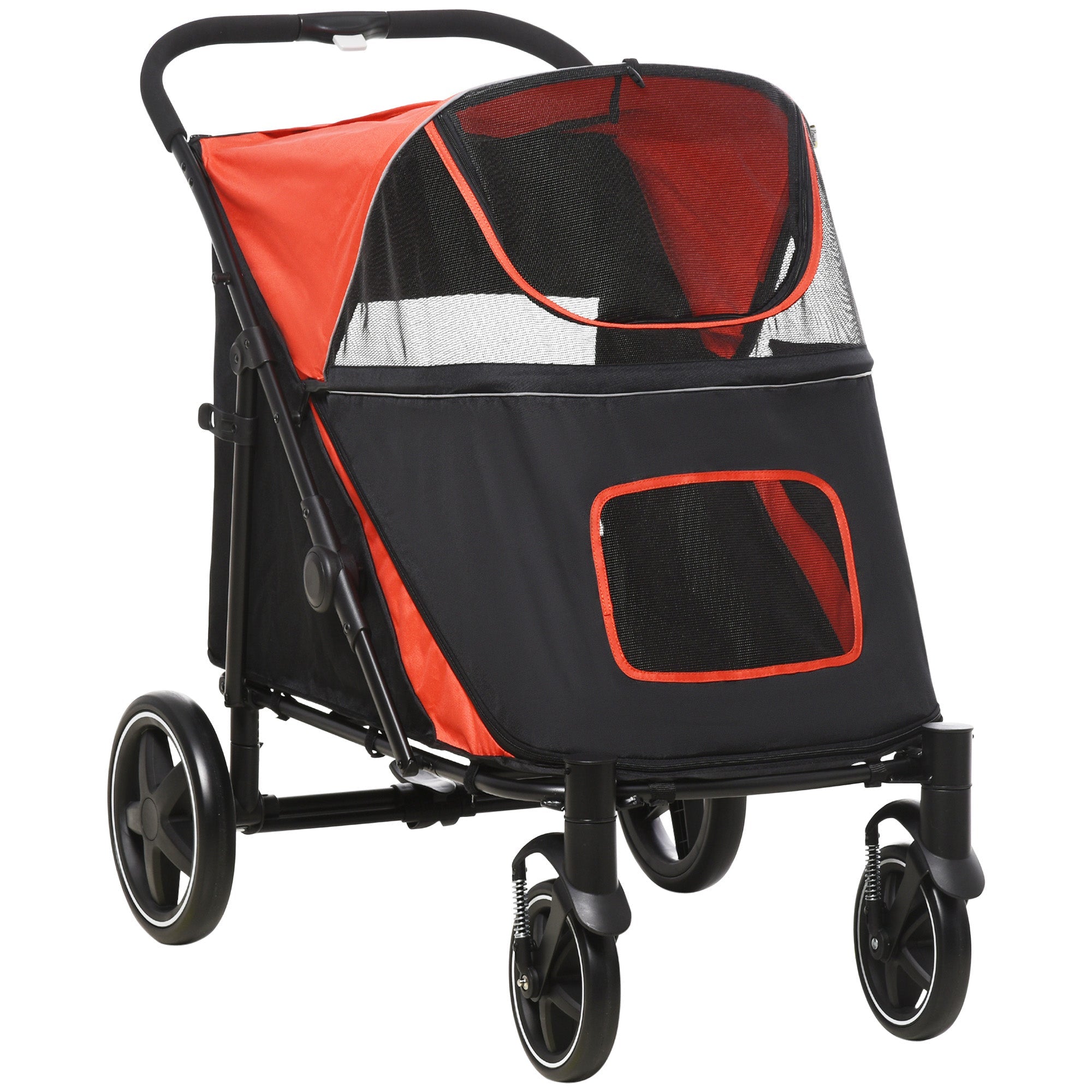 Pet Stroller with Universal Front Wheels, Shock Absorber, One Click Foldable Dog Cat Carriage with Brakes, Storage Bags, Mesh Window Red-0