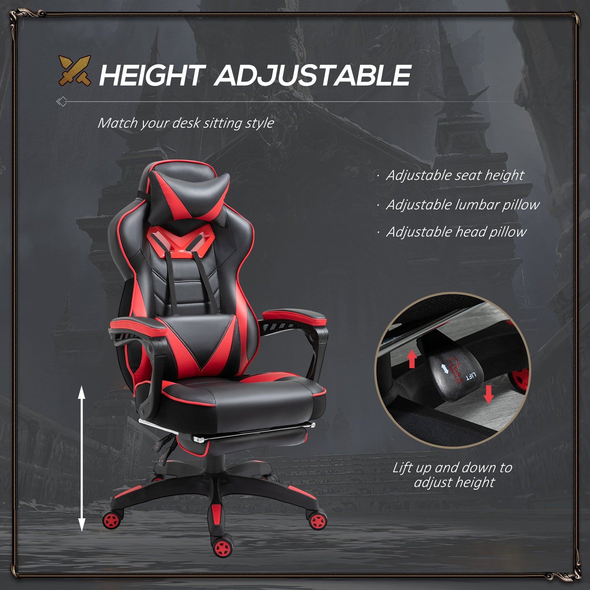 Ergonomic Racing Gaming Chair Office Desk Chair Adjustable Height Recliner with Wheels, Headrest, Lumbar Support, Retractable Footrest, Red-3