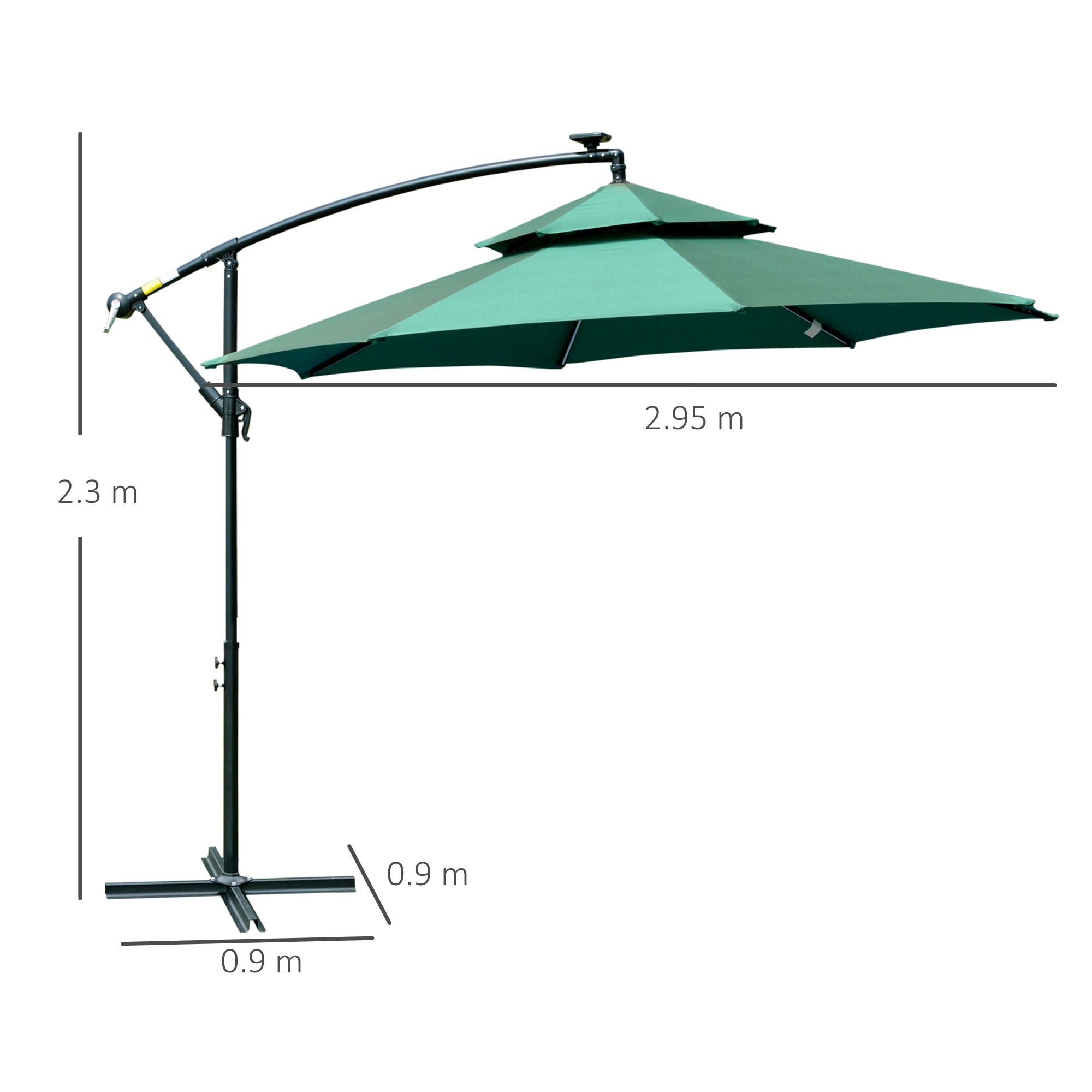 3(m) Cantilever Parasol Banana Hanging Umbrella with Double Roof, LED Solar lights, Crank, 8 Sturdy Ribs and Cross Base Green-2