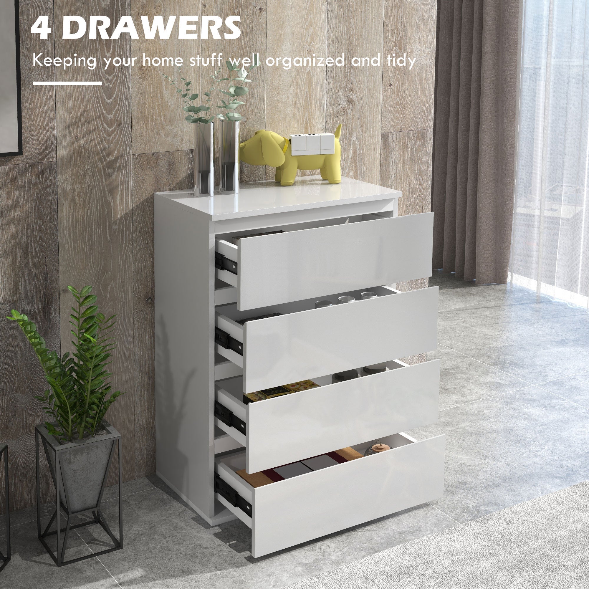 High Gloss 4 Drawer Chest Of Drawers,4-Drawer Storage Cabinets, Modern Dresser, Storage Drawer Unit for Bedroom, White-3