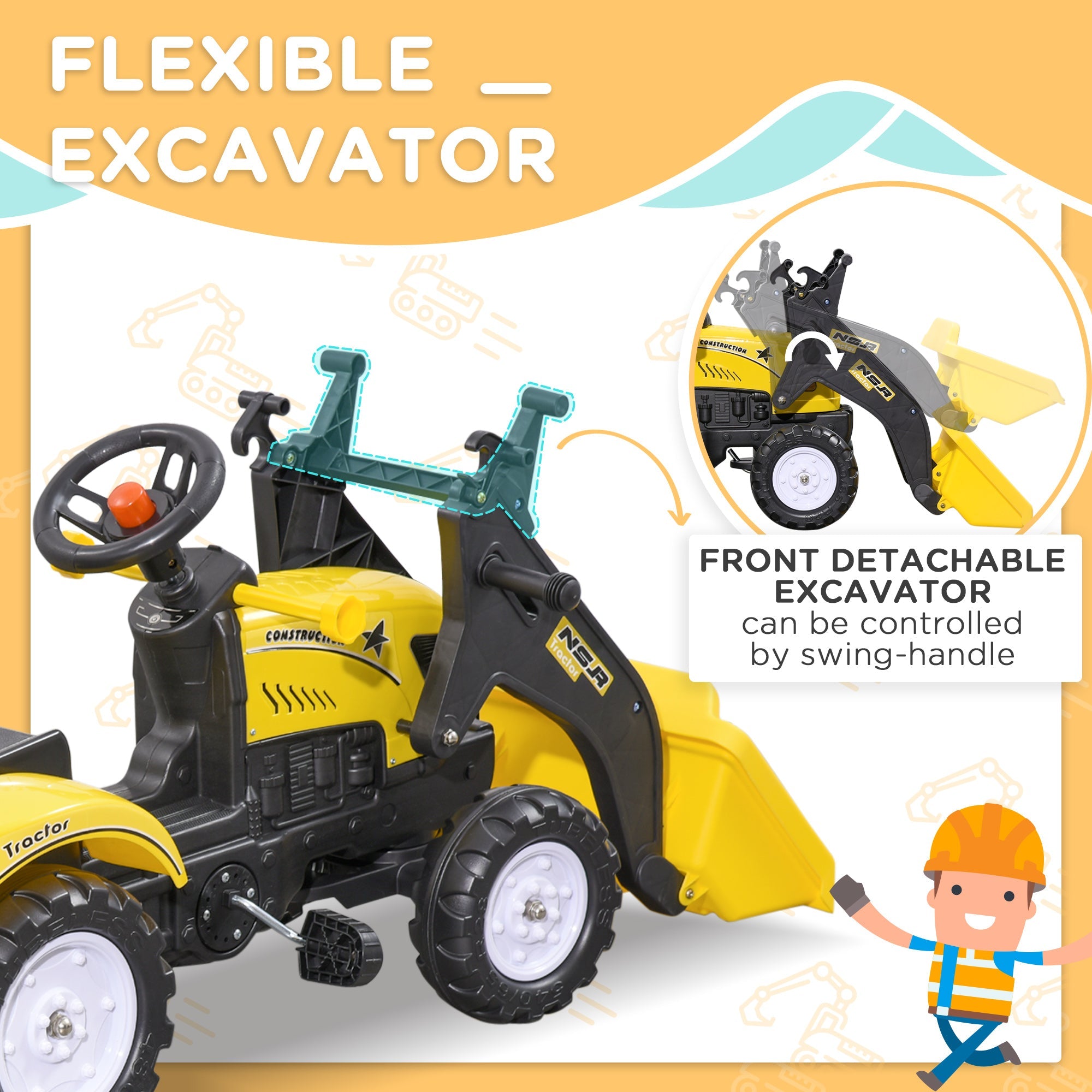 Kids Pedal Go Kart Excavator-Yellow-3