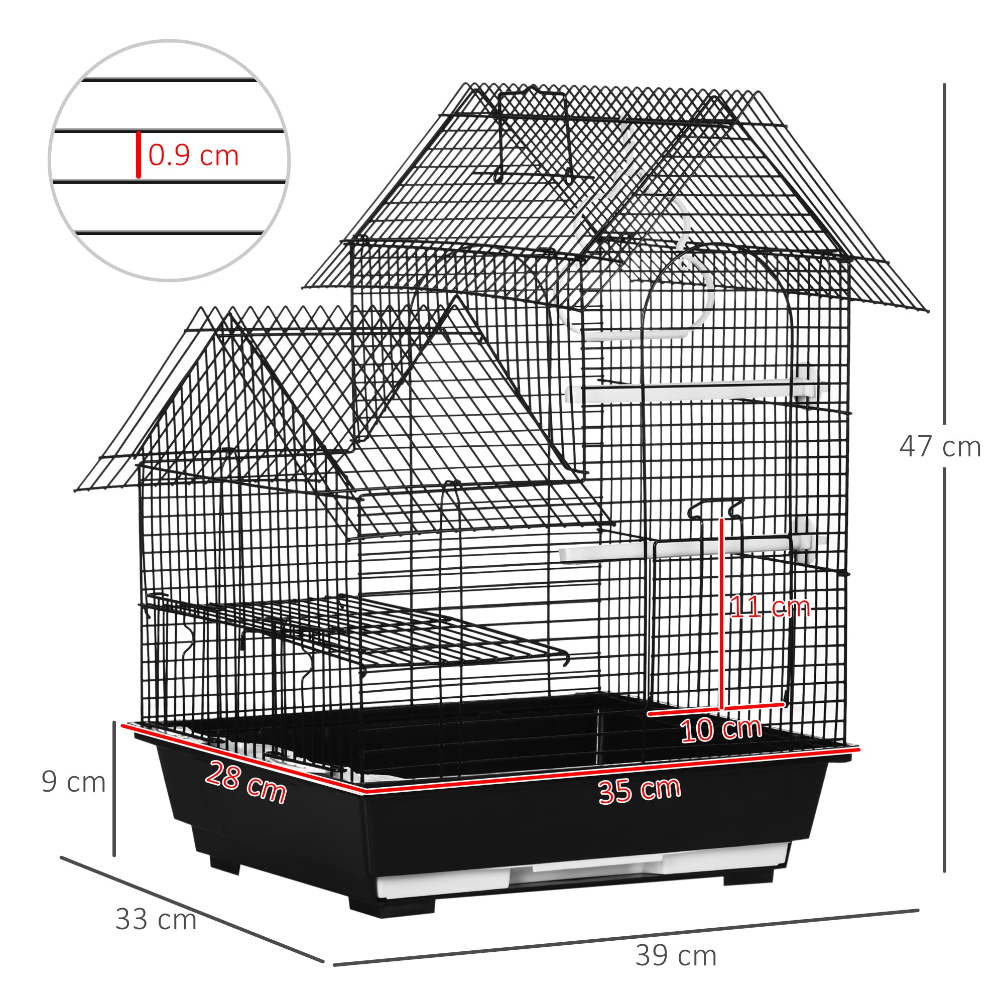 Metal Bird Cage with Stand for Parrot Cockatiel Budgie Finch Canary Food Containers Swing Ring Tray Handle Small Black 39 x 33 x 47 cm-2