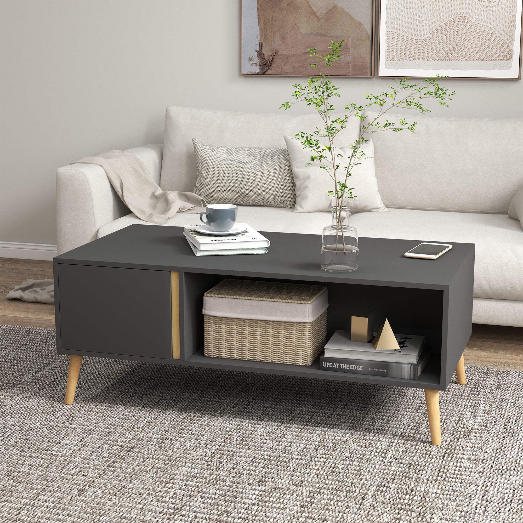 Coffee Table for Living Room, Modern Centre Table with Storage Compartments and Cabinets, Rectangular Side Table, 115x 58x 45cm, Grey-1