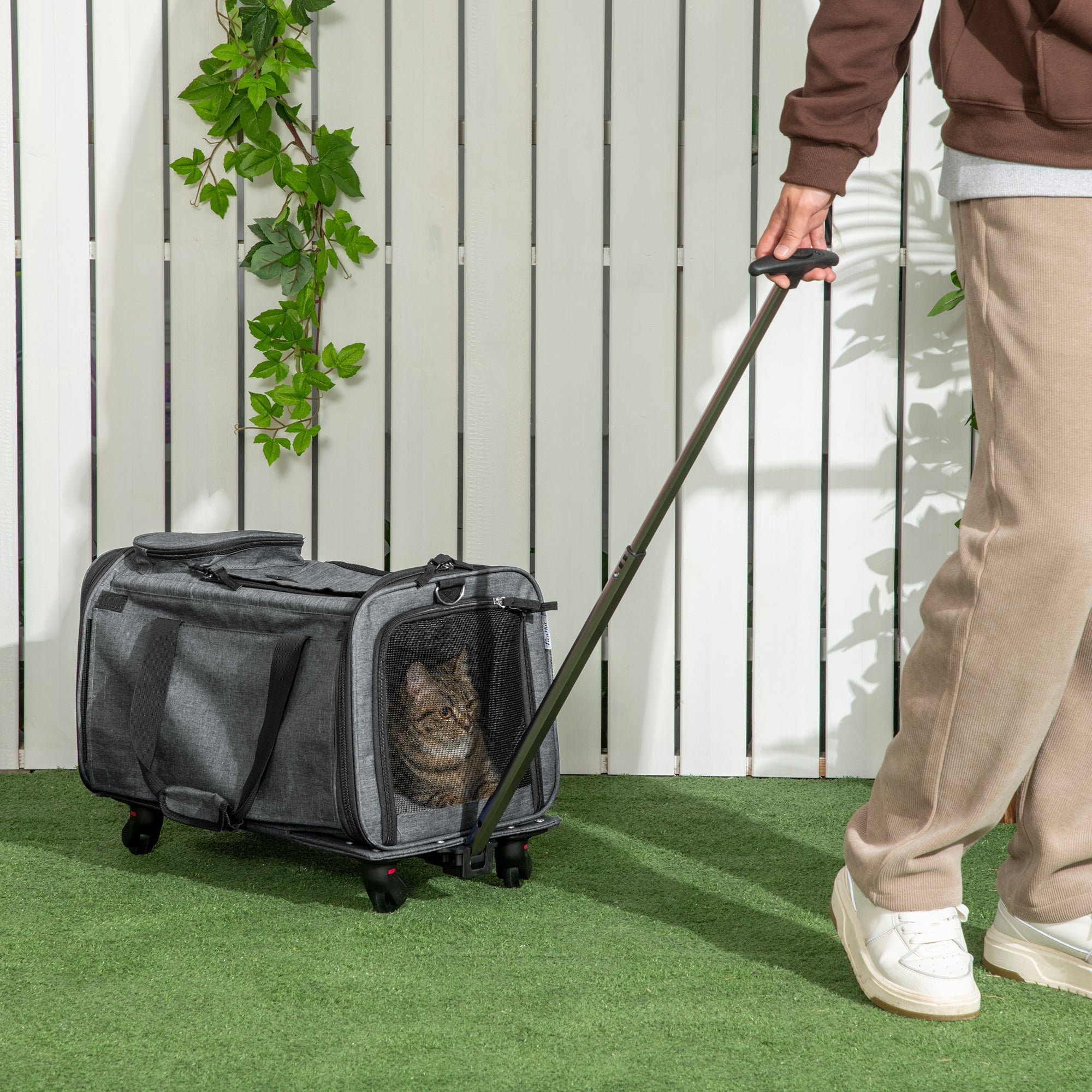 4 in 1 Pet Carrier Portable Cat Carrier Foldable Dog Bag On Wheels for Cats, Miniature Dogs w/ Telescopic Handle, Grey-1