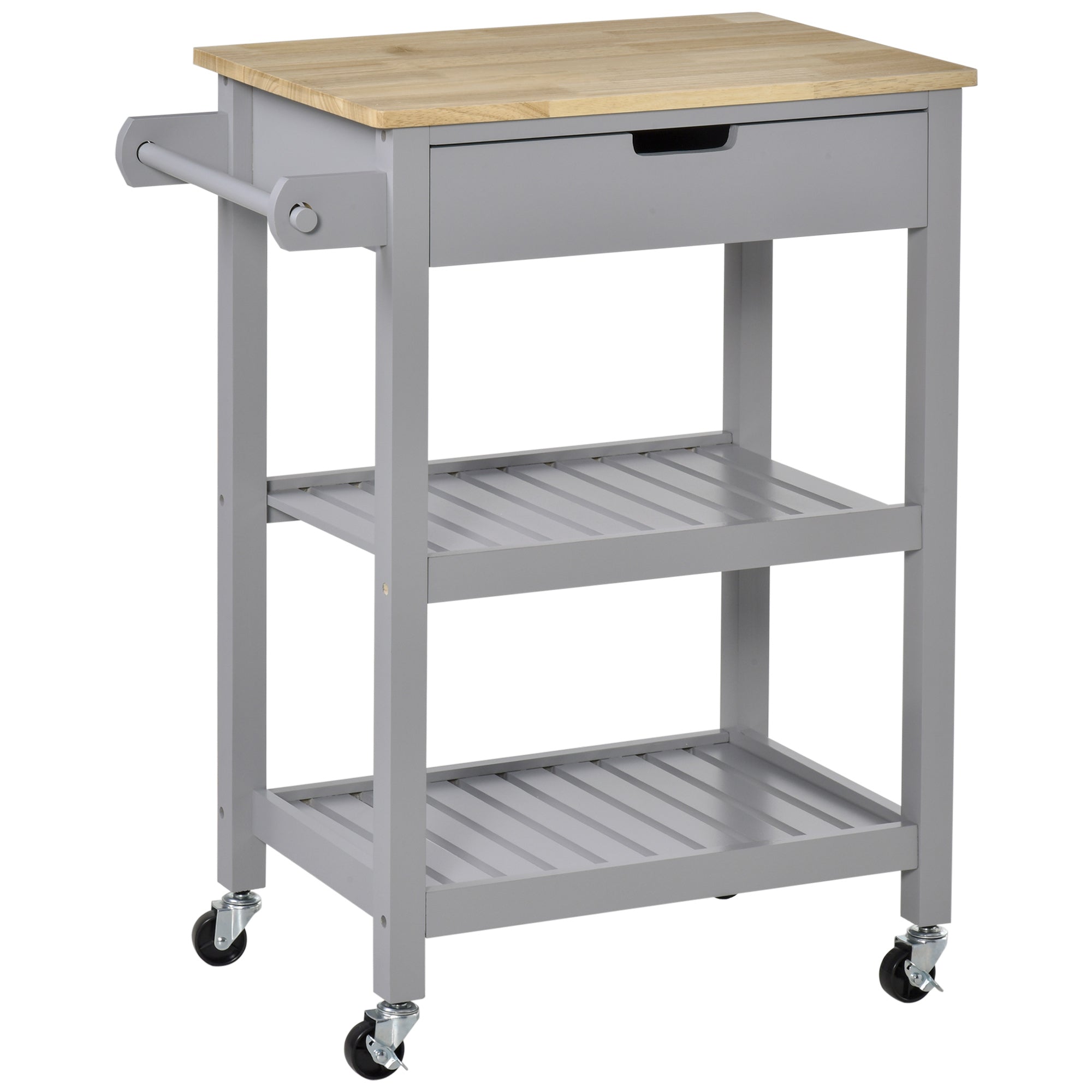Kitchen Trolley Utility Cart on Wheels with Rubberwood Worktop, Towel Rack, Storage Shelves & Drawer for Dining Room, Grey-0