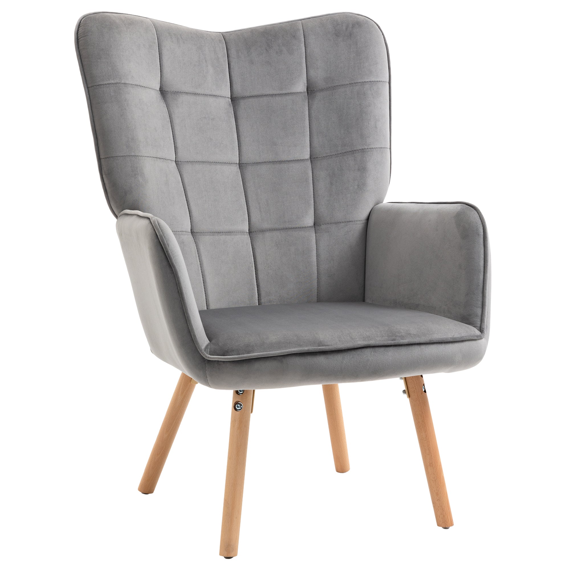 Modern Accent Chair Velvet-Touch Tufted Wingback Armchair Upholstered Leisure Lounge Sofa Club Chair with Wood Legs, Grey-0