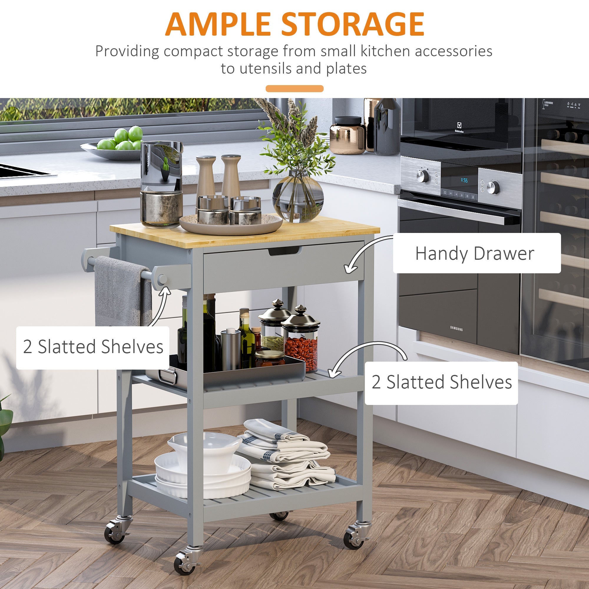 Kitchen Trolley Utility Cart on Wheels with Rubberwood Worktop, Towel Rack, Storage Shelves & Drawer for Dining Room, Grey-3