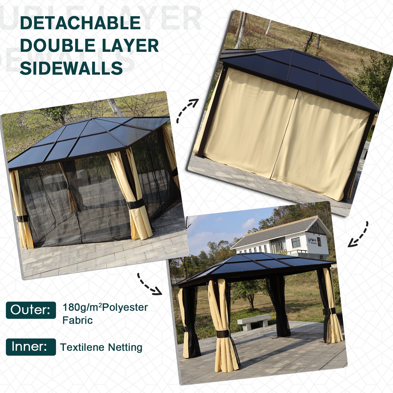 3.6 x 3(m) Polycarbonate Hardtop Gazebo with LED Solar Light and Aluminium Frame, Garden Pavilion with Mosquito Netting and Curtains-4