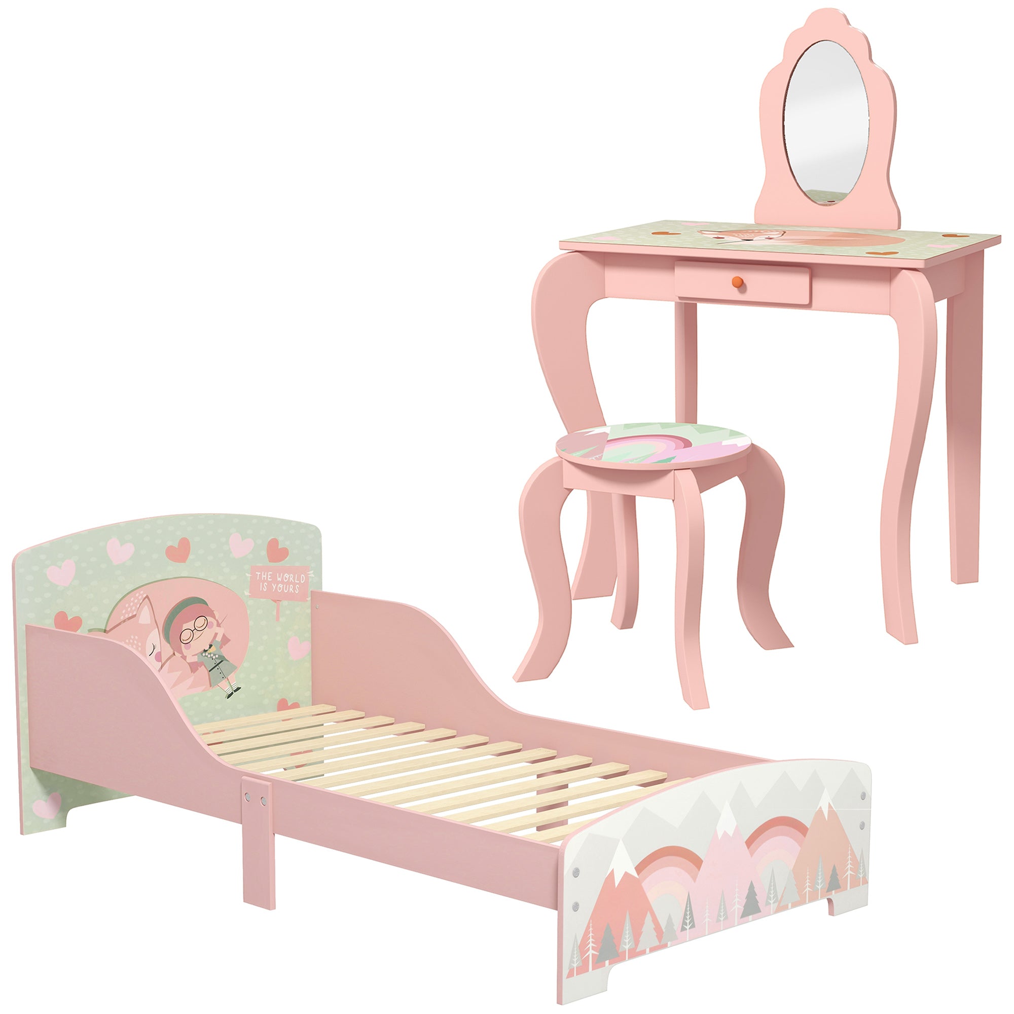 Toddler Bed Frame, Kids Dressing Table with Mirror and Stool, Cute Animal Design Kids Bedroom Furniture Set for Ages 3-6 Years, Pink-0