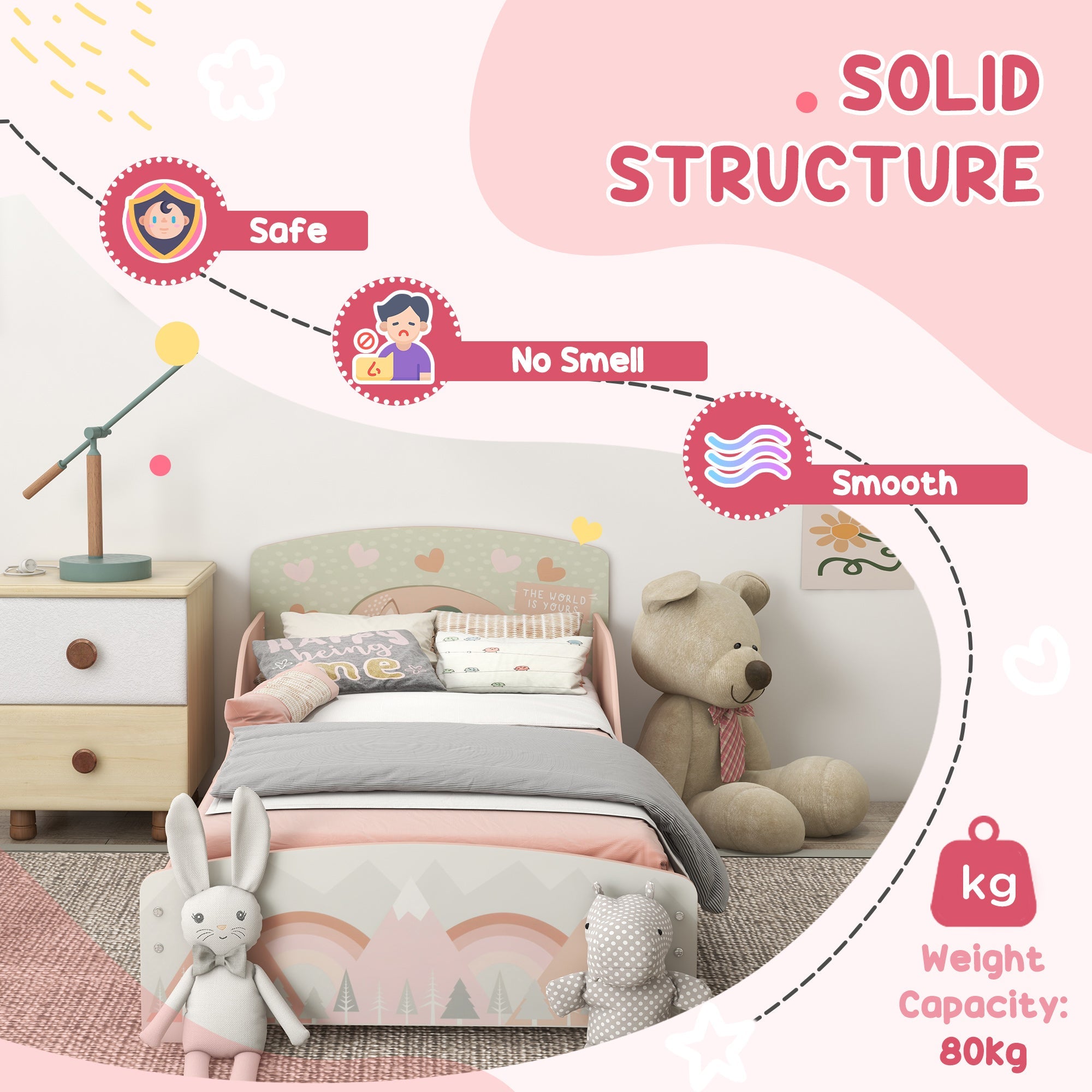 Toddler Bed Frame, Kids Dressing Table with Mirror and Stool, Cute Animal Design Kids Bedroom Furniture Set for Ages 3-6 Years, Pink-3