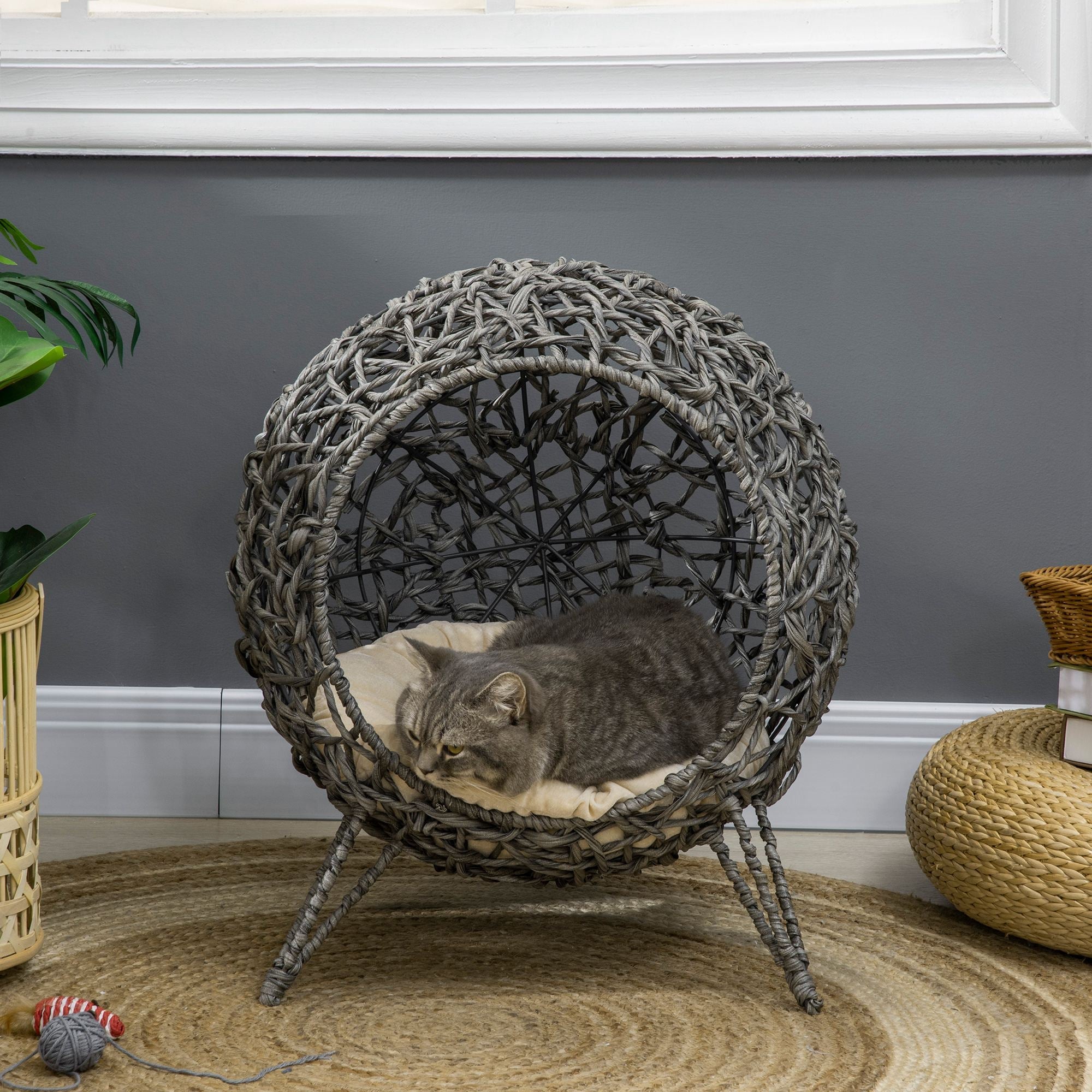 Rattan Elevated Cat Bed House Kitten Basket Ball Shaped Pet Furniture w/ Removable Cushion - Silver-Tone and Grey-1