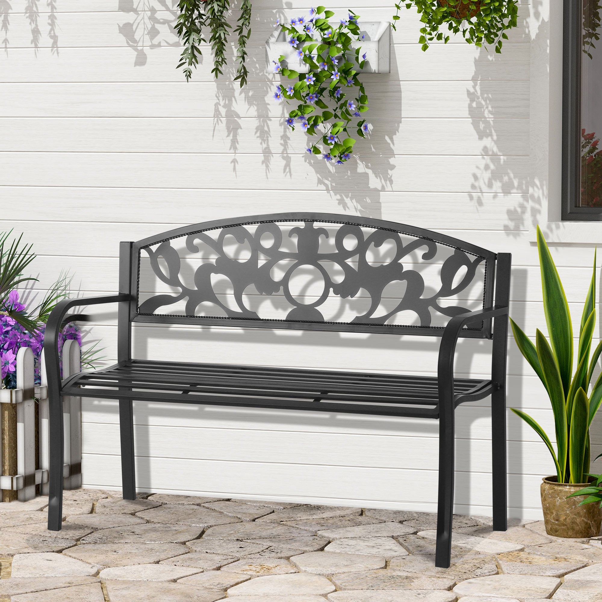 2 Seater Outdoor Patio Garden Metal Bench Park Yard Furniture Porch Chair Seat Black 128L x 91H x 50W cm-1