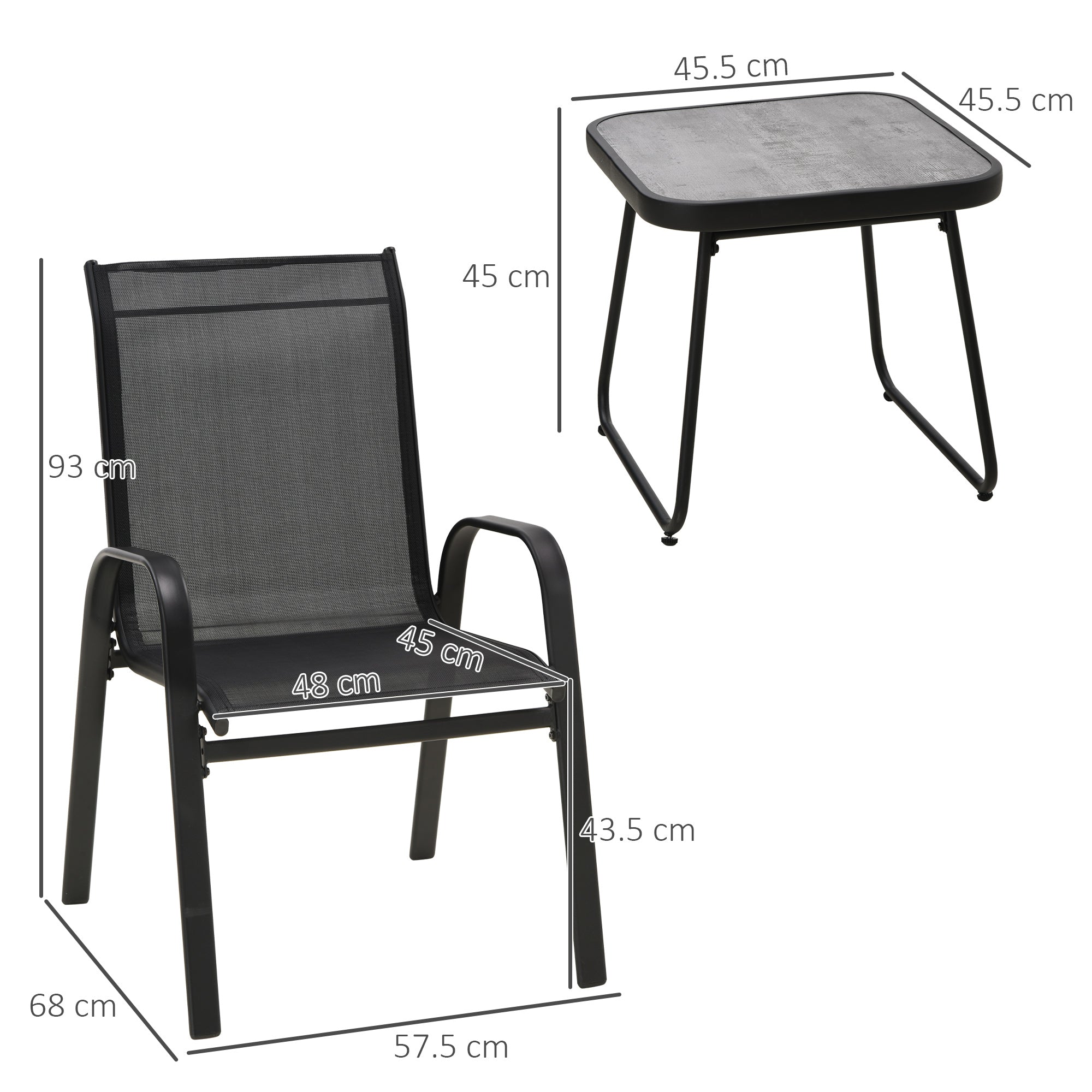 3 Pieces Outdoot Bistro Set, Patio Stackable Armchairs with Breathable Mesh Fabric and PSC Board Coffee Table, Black-2