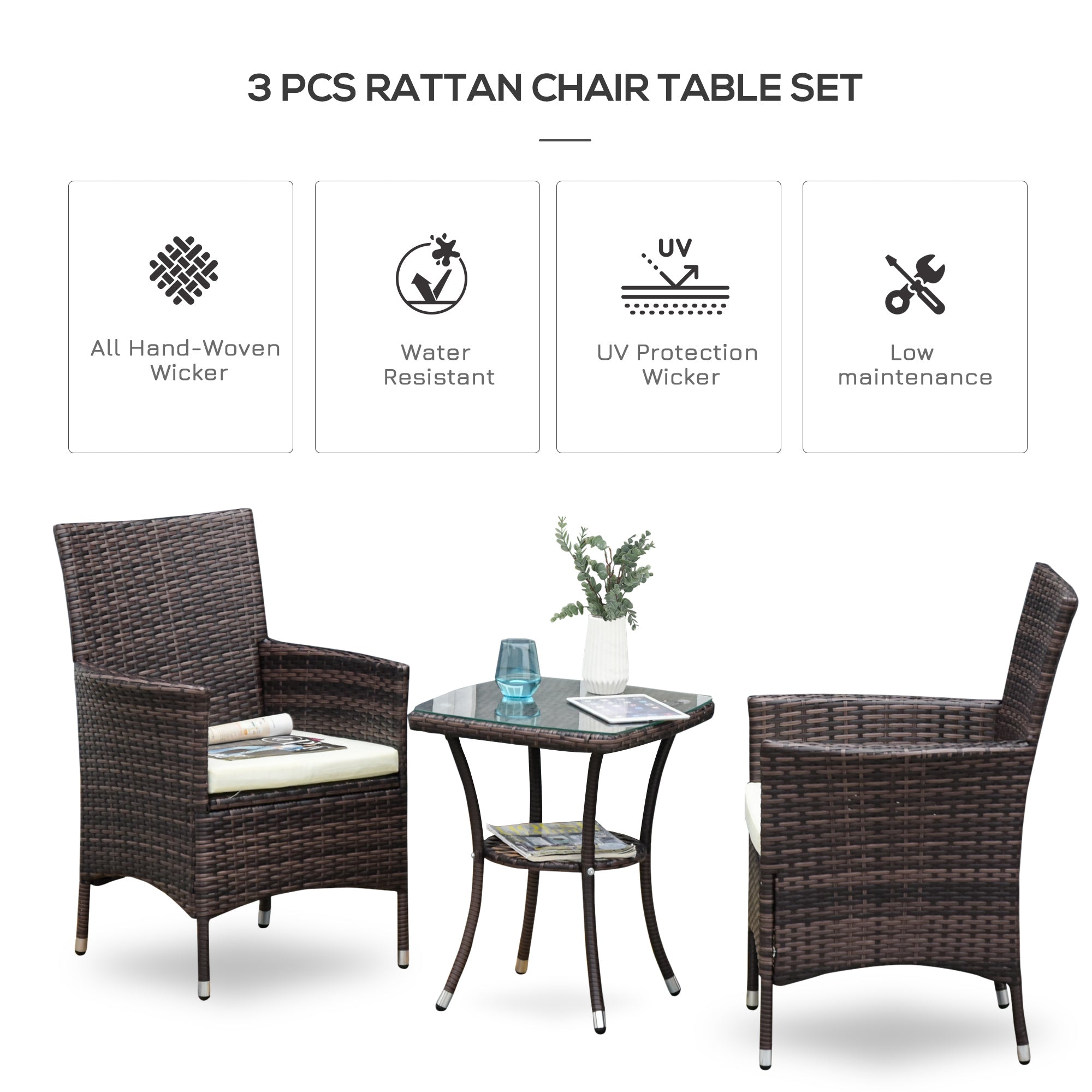 Garden Outdoor Rattan Furniture Bistro Set 3 PCs Patio Weave Companion Chair Table Set Conservatory (Brown)-3