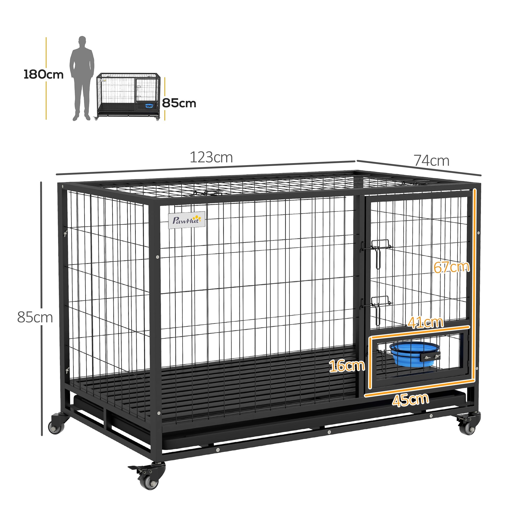 48" Heavy Duty Dog Crate on Wheels w/ Bowl Holder, Removable Tray, Detachable Top, Double Doors for L, XL Dogs-2