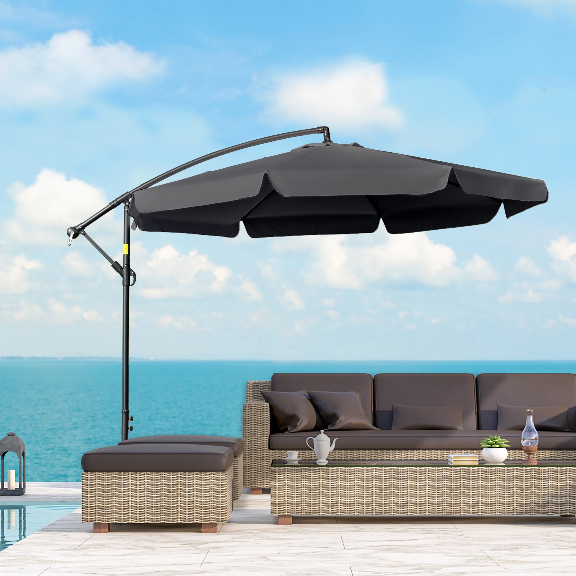2.7m Banana Parasol Cantilever Umbrella with Crank Handle and Cross Base for Outdoor, Hanging Sun Shade, Black-1