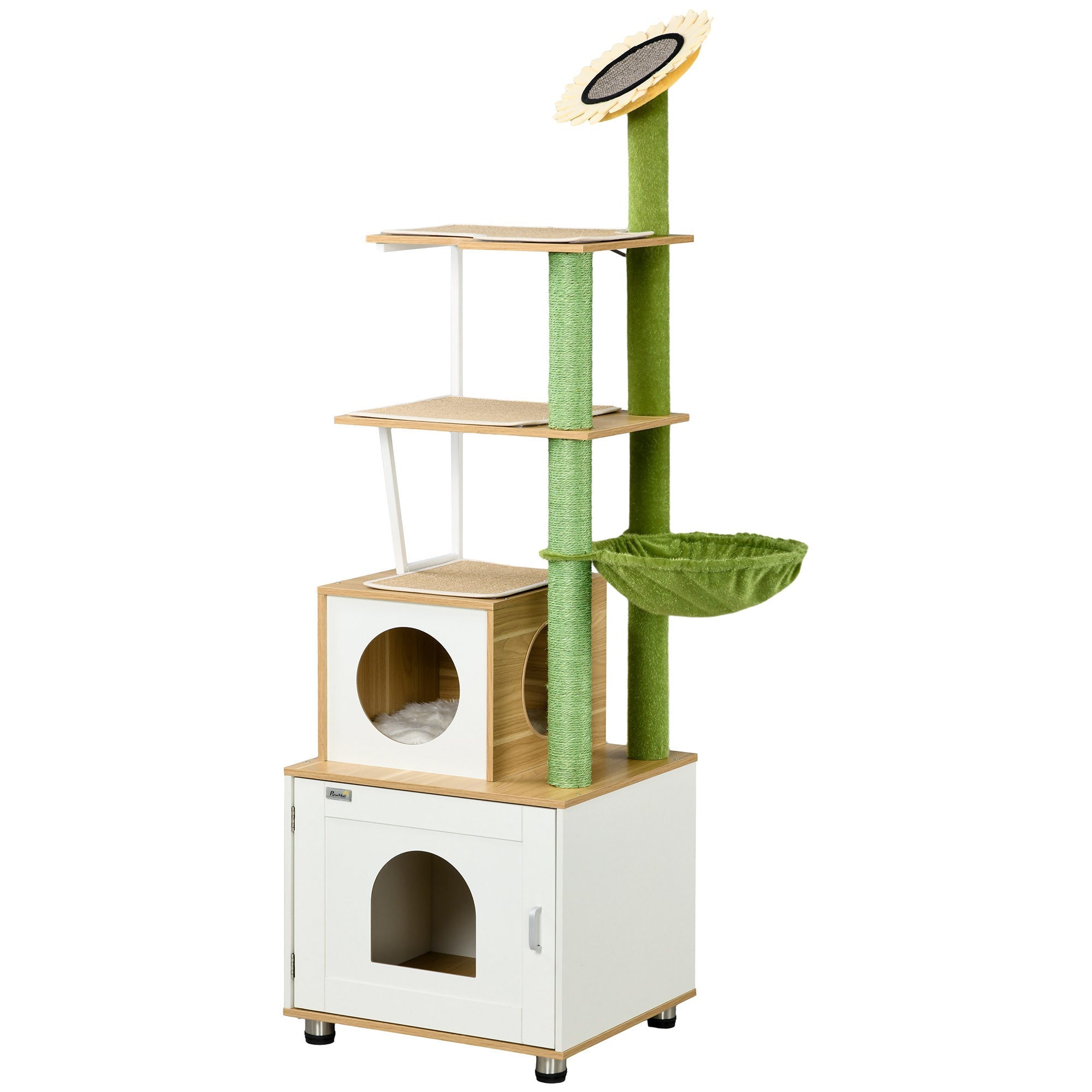 Cat Tree with Cat Litter Box for Indoor Cats, Cat Enclosure with Scratching Post, Cat Condo, Hammock, Platforms, Removable Cushions, Oak-0
