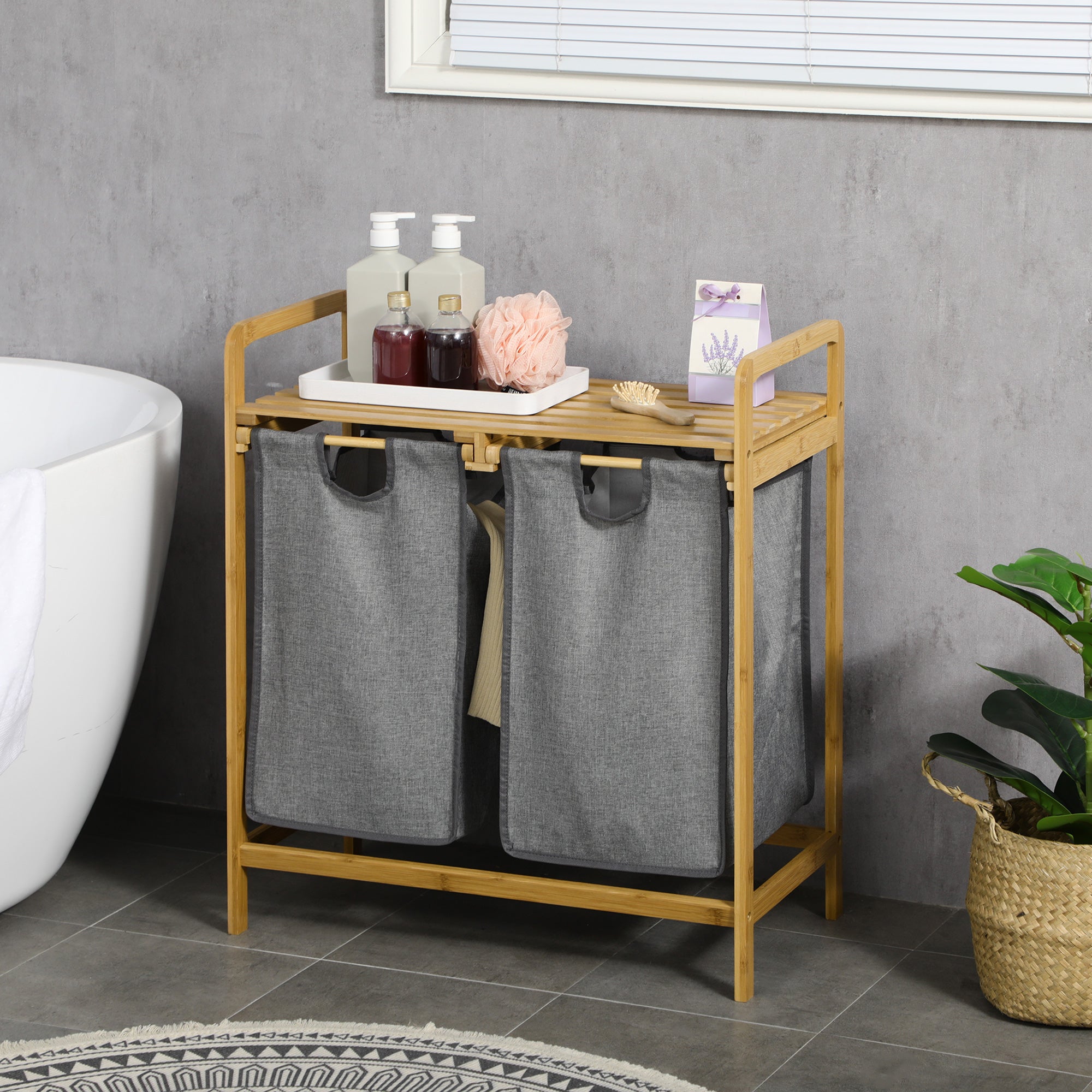 Bamboo Laundry Basket, Laundry Hamper with Shelf, Pull-out Bags for Bedroom, Bathroom, Laundry Room, 64 x 33 x 73 cm, Grey-1