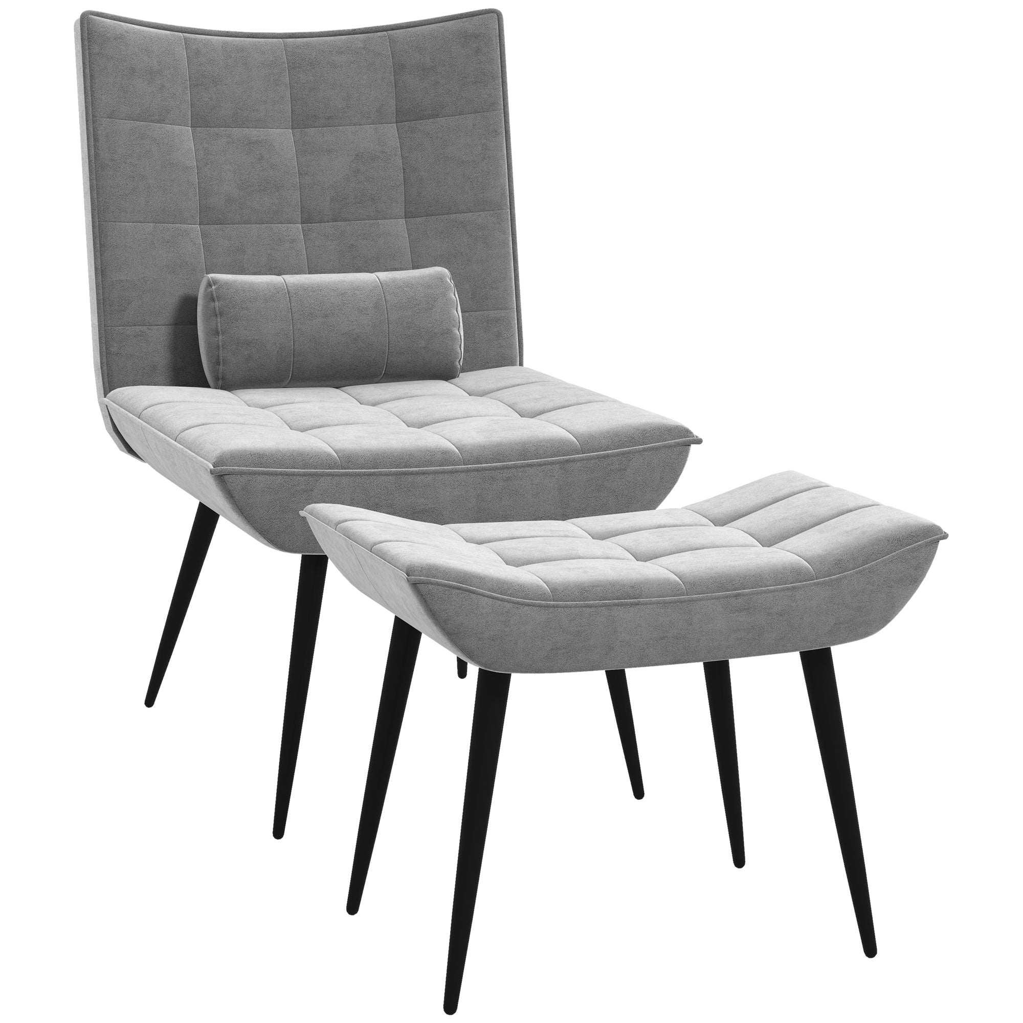Armless Accent Chair w/ Footstool Set, Modern Tufted Upholstered Lounge Chair w/ Pillow, Steel Legs, Grey-0