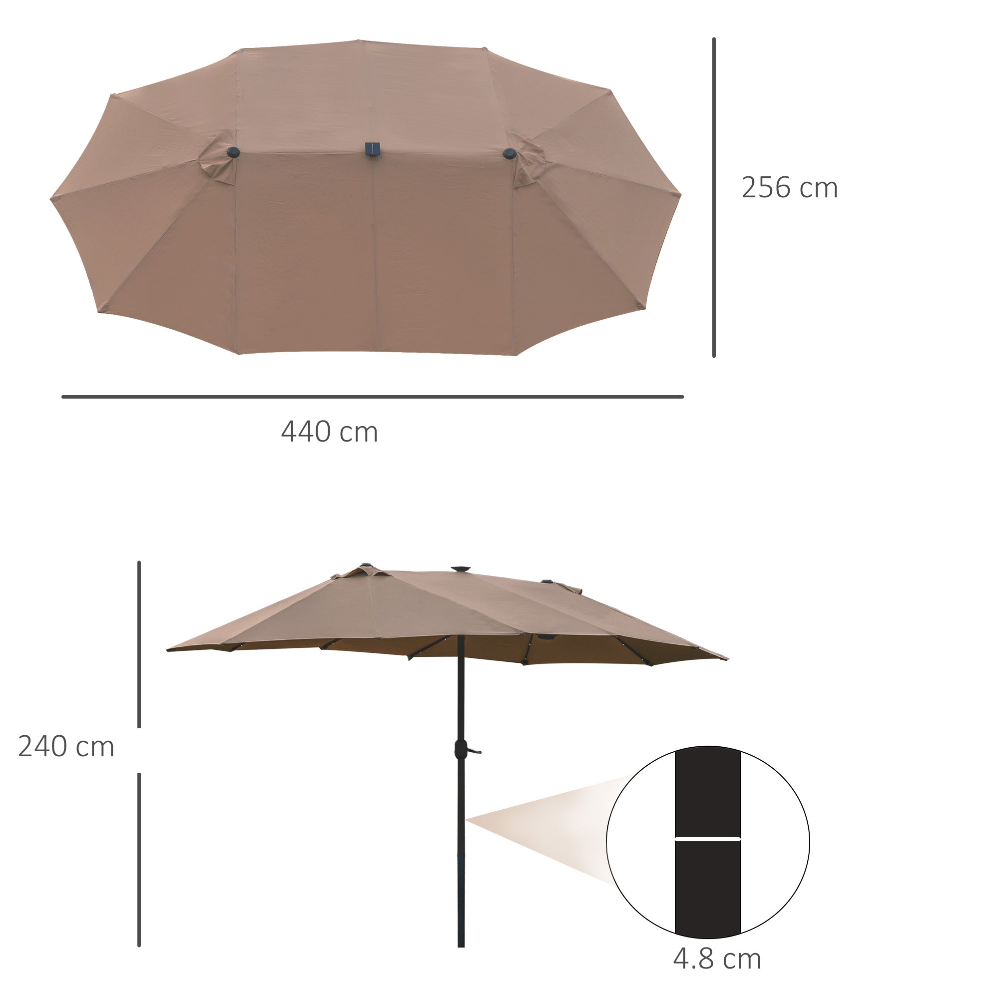 Garden Parasol 4.4m Double-Sided Sun Umbrella Patio Sun Shade Outdoor with LED Solar Light , Khaki-2