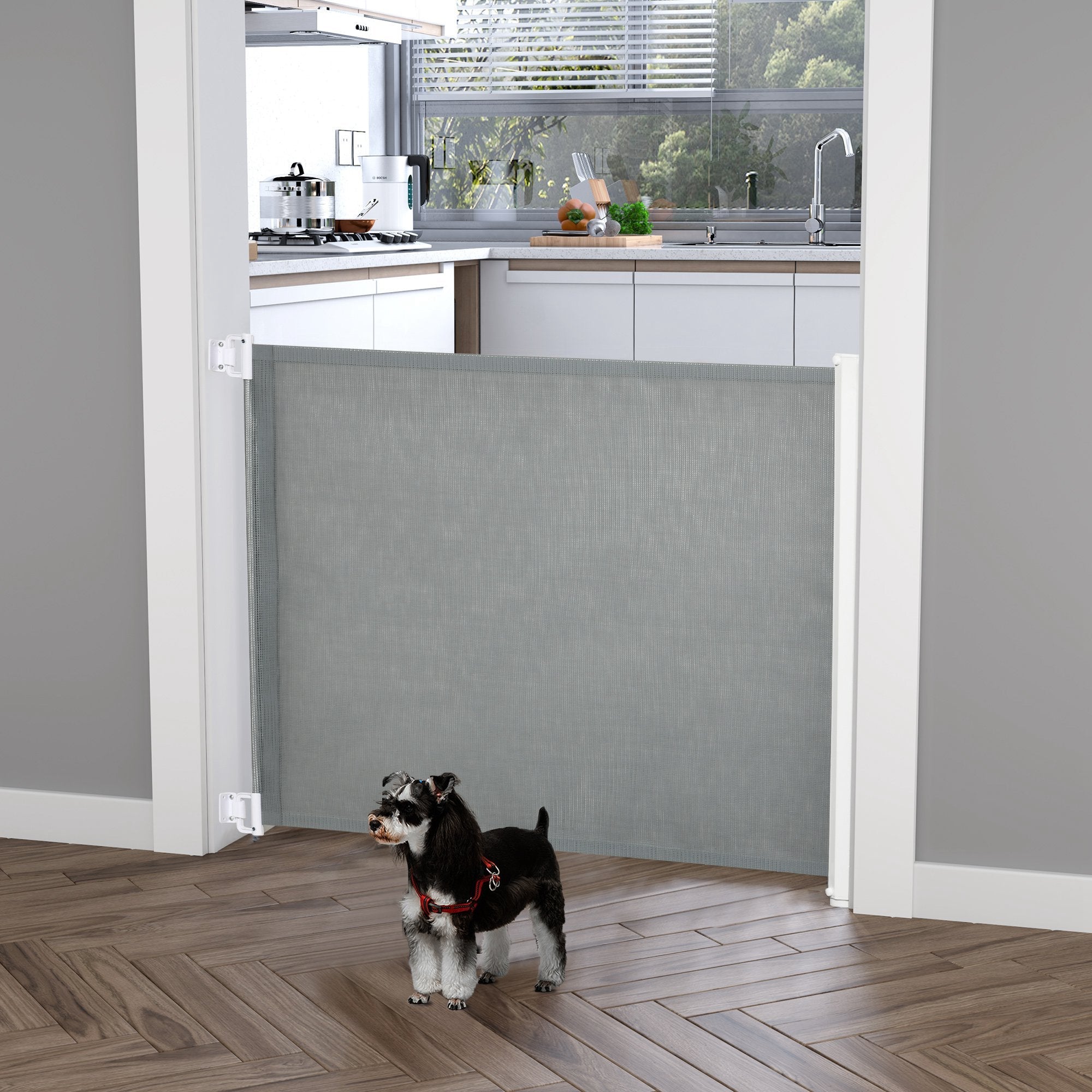 Retractable Safety Gate Dog Pet Guard Barrier Folding Protector Home Doorway Room Divider Stair Guard Grey 115L x 82.5H cm-1