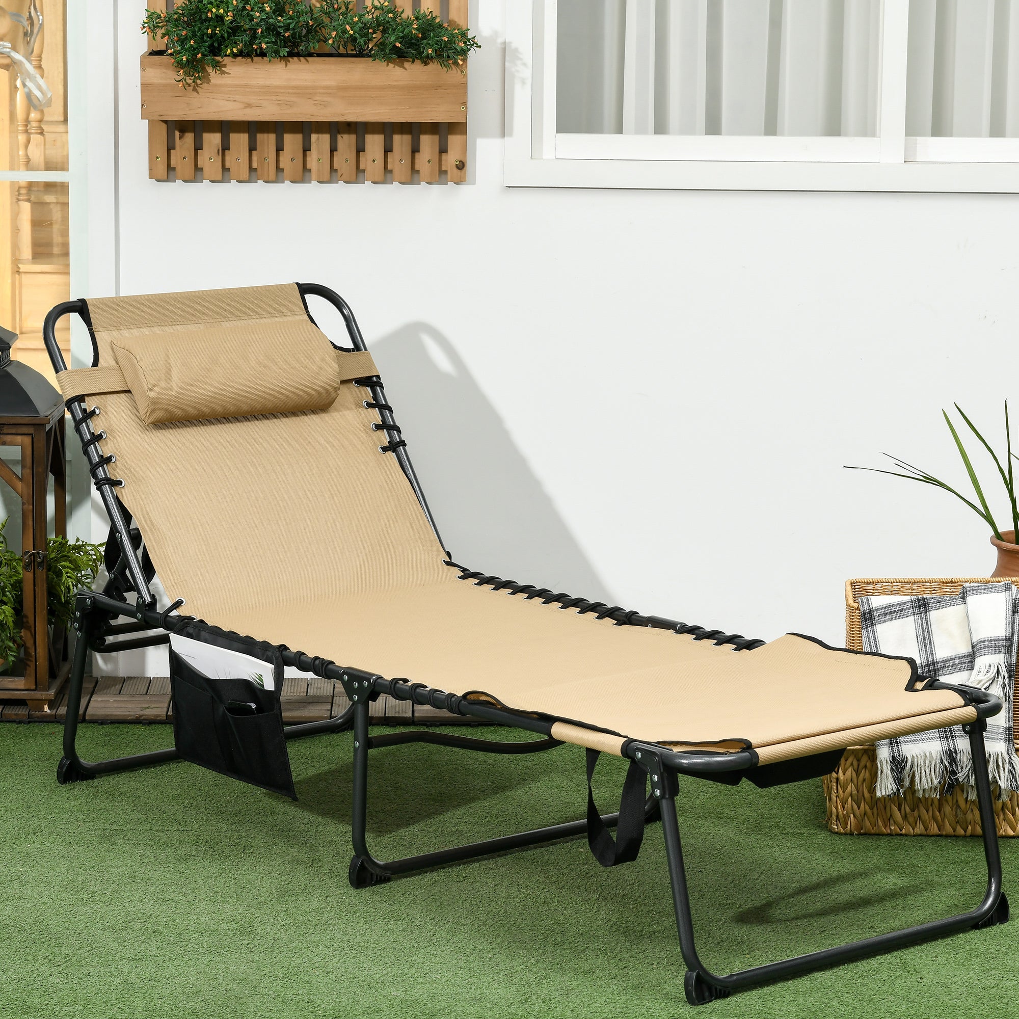 Folding Sun Lounge with 5-level Reclining Back, Outdoor Tanning Chair with Reading Hole, Outdoor Sun Lounge with Side Pocket, Headrest, for Beach, Yard, Patio, Beige-1