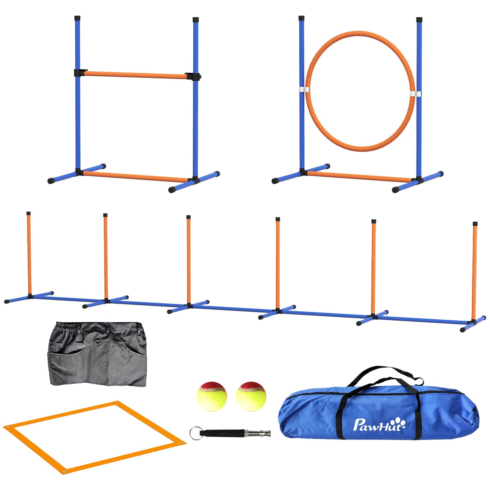 Five-Piece Dog Agility Equipment Set with Weave Poles, Jump Ring, Hurdle, Pause Box, Training Shorts, Bag, Orange-0