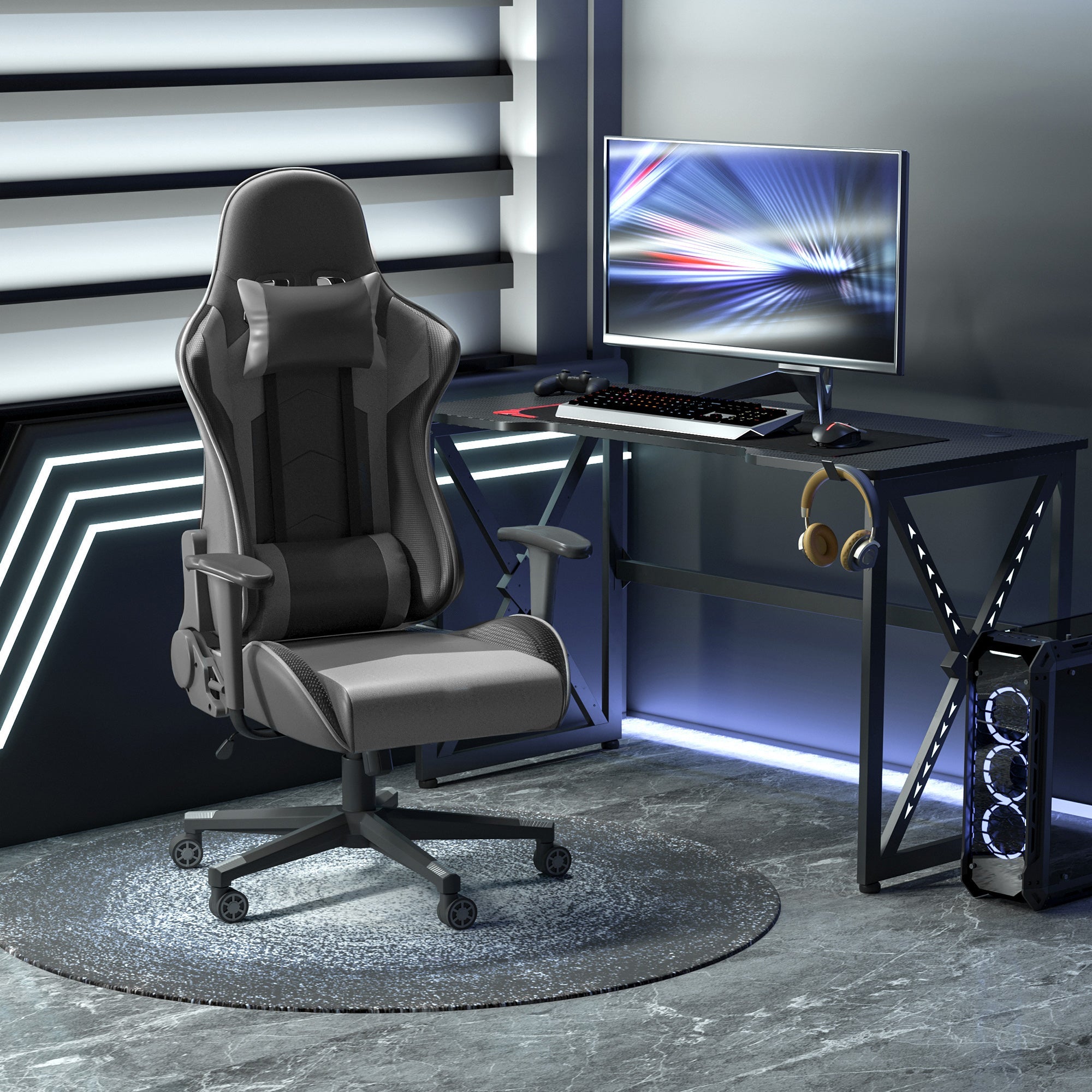 High Back Racing Gaming Chair, PU Leather Reclining Computer Chair with Head Pillow and Lumbar Support, Black-1