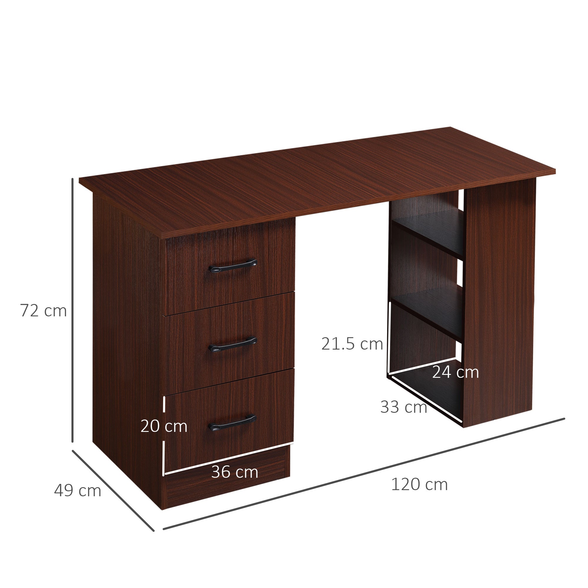 120cm Computer Desk with Storage Shelves Drawers, Writing Table Study Workstation for Home Office, Walnut Brown-2
