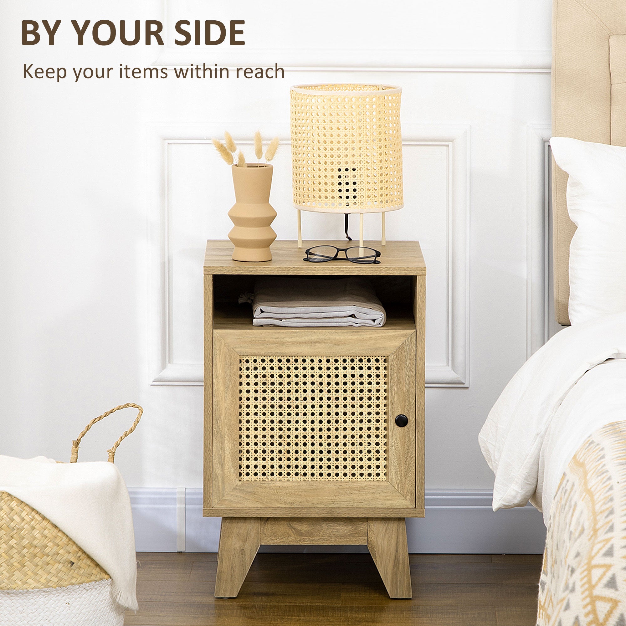 Bedside Table with Rattan Element, Side End Table with Shelf and Cupboard, 39cmx35cmx60cm, Natural-3