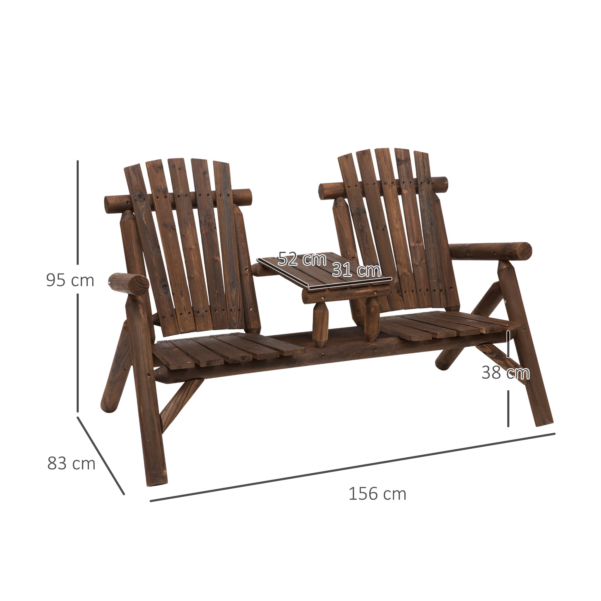 Wood Patio Chair Bench 2 Seats with Center Coffee Table, Garden Loveseat Bench Backyard, Perfect for Lounging Relaxing Outdoors, Carbonized-2