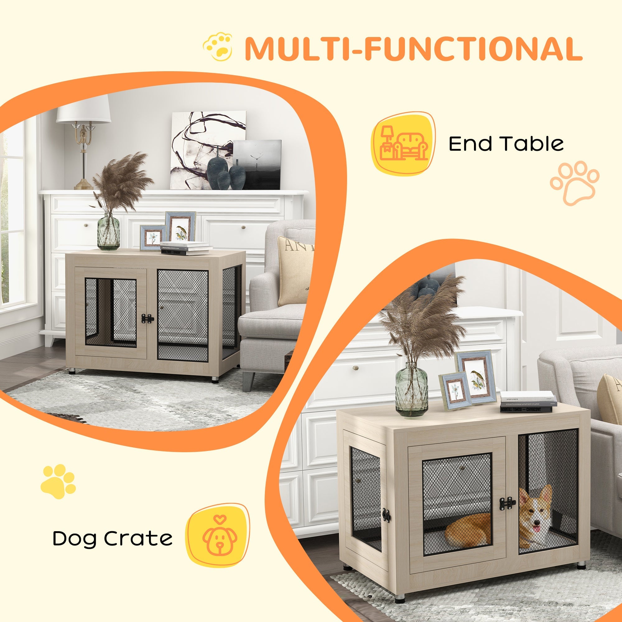 2-in-1 Dog Cage & Side Table, with Two Doors, Cushion, for Large Dogs-4