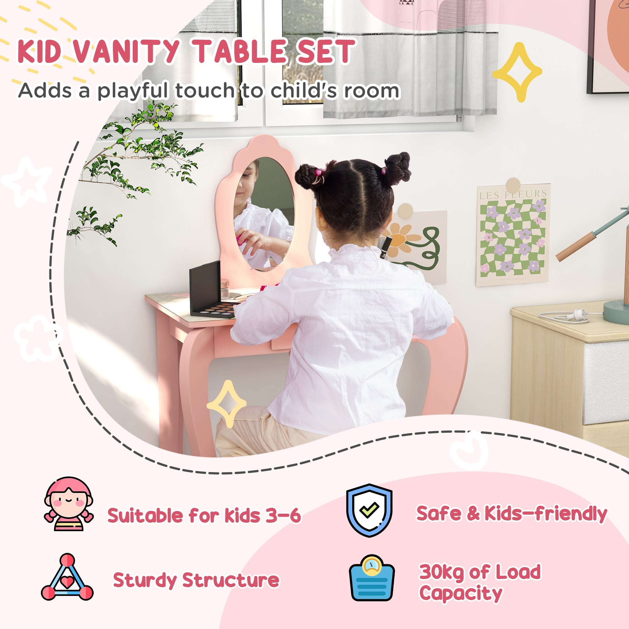 Toddler Bed Frame, Kids Dressing Table with Mirror and Stool, Cute Animal Design Kids Bedroom Furniture Set for Ages 3-6 Years, Pink-4