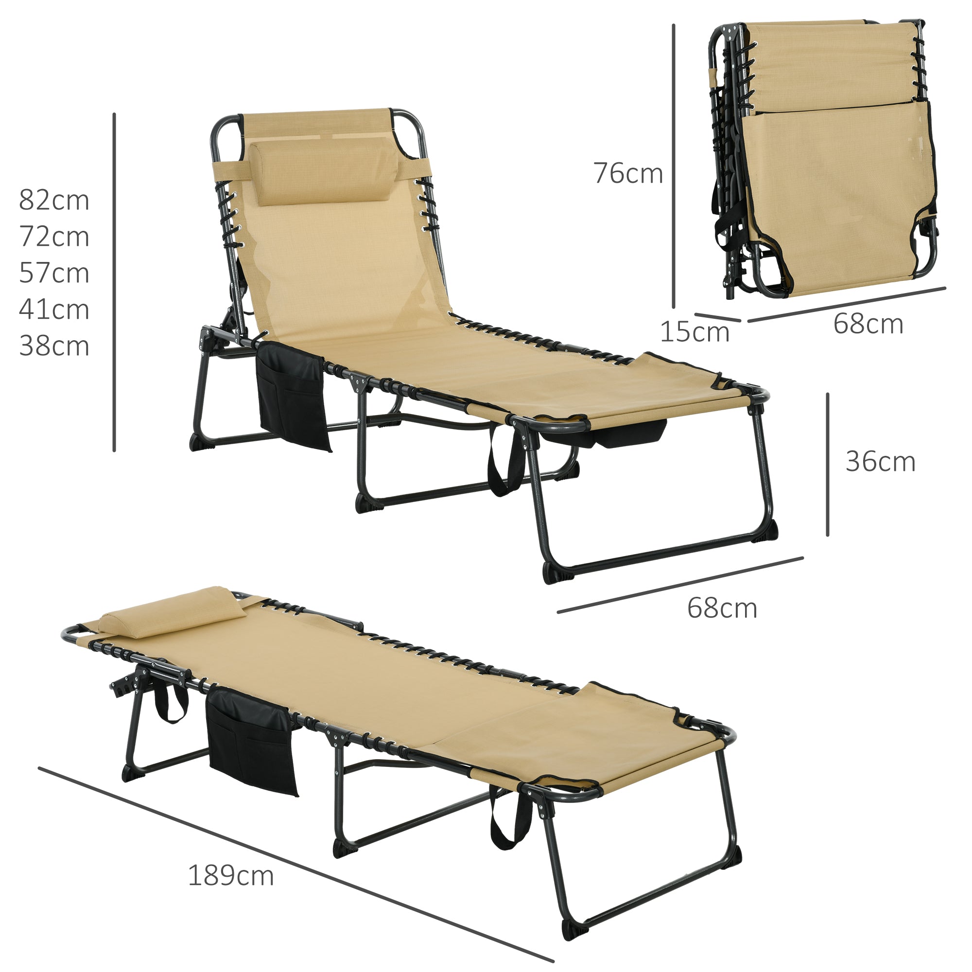 Folding Sun Lounge with 5-level Reclining Back, Outdoor Tanning Chair with Reading Hole, Outdoor Sun Lounge with Side Pocket, Headrest, for Beach, Yard, Patio, Beige-2