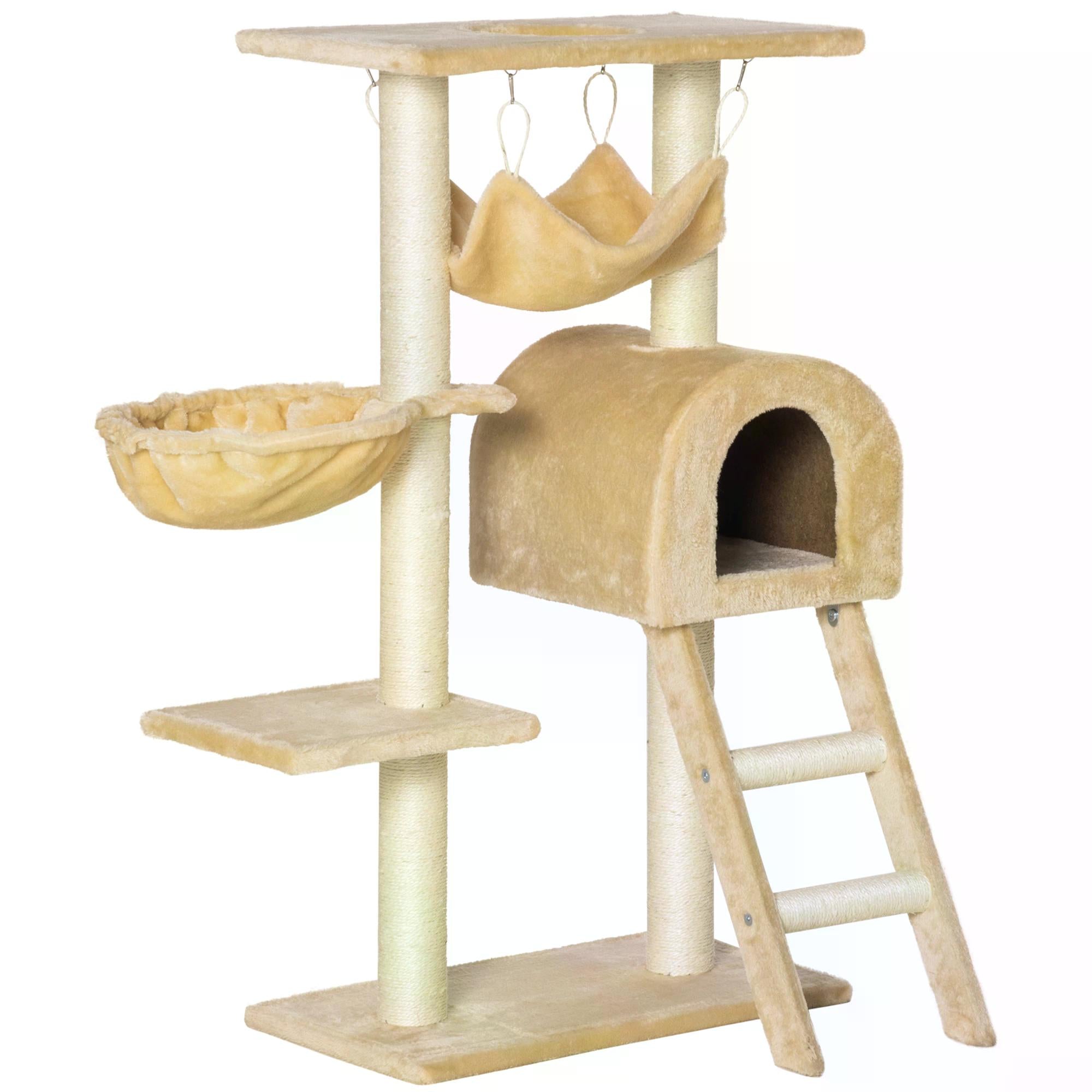Cat Tree Tower Kitten Activity Centre Scratching Post w/ Hammock Condo Bed Basket Ladder 98 cm, Beige-0