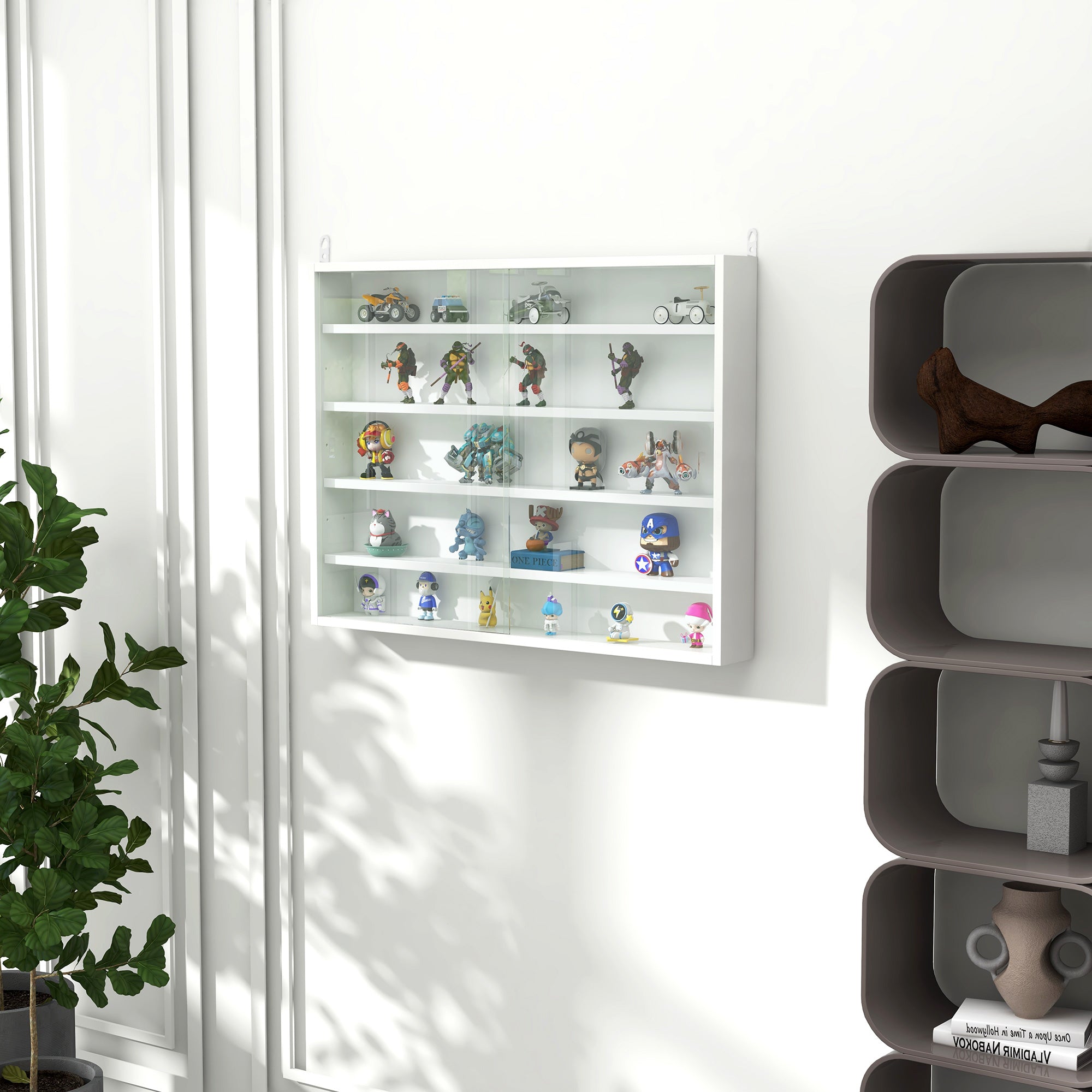 5-Tier Wall Display Shelf Unit Cabinet w/ 4 Adjustable Shelves Glass Doors Home Office Ornaments 60x80cm White-1