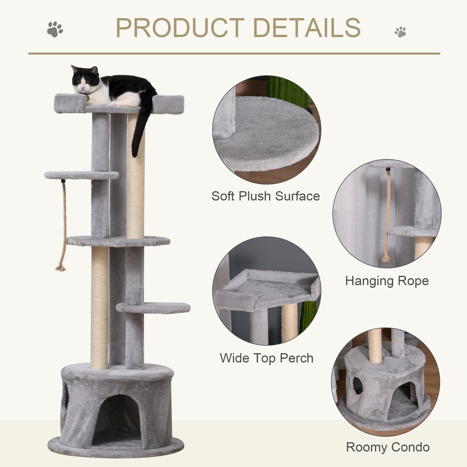 Cat Tree Kitten Tower Multi-level Activity Centre Pet Furniture with Scratching Post Condo Hanging Ropes Plush Perches Grey-3