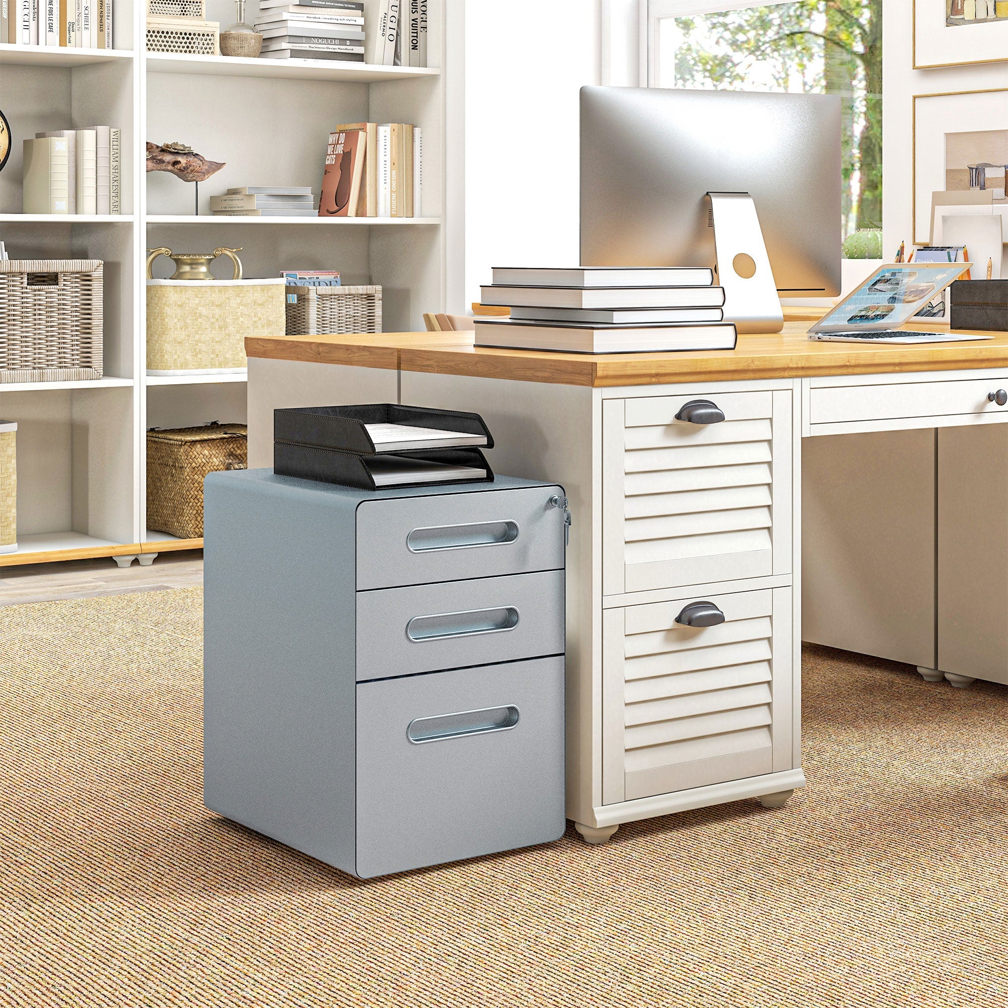 Lockable Cabinet, Rolling Filing Cabinet with 3 Drawers, Steel Office Drawer Unit for A4, Letter, Legal Sized Files-1