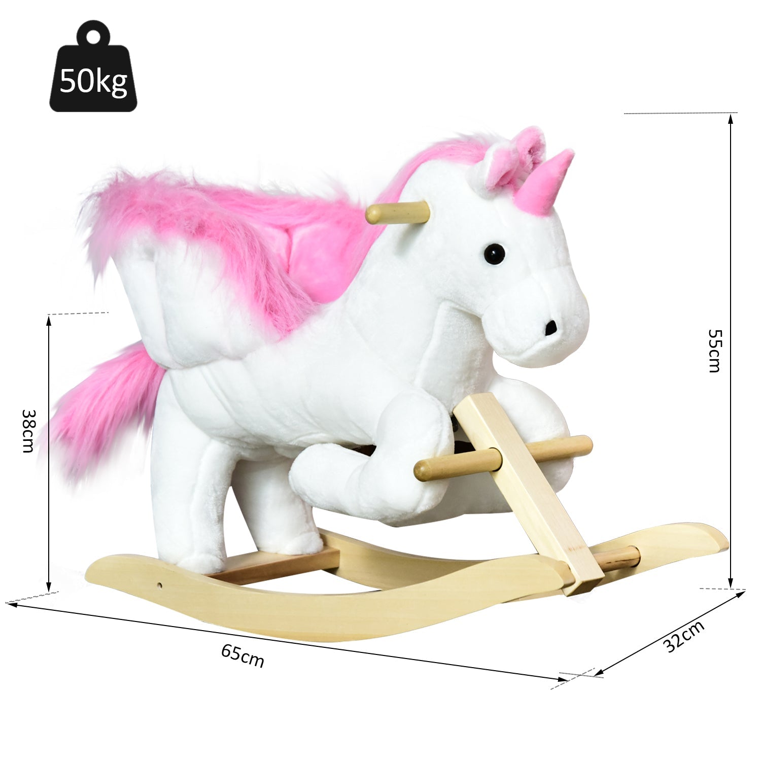 Unicorn Rocking Horse Kids Wooden Ride On Plush Toy w/ Music-2