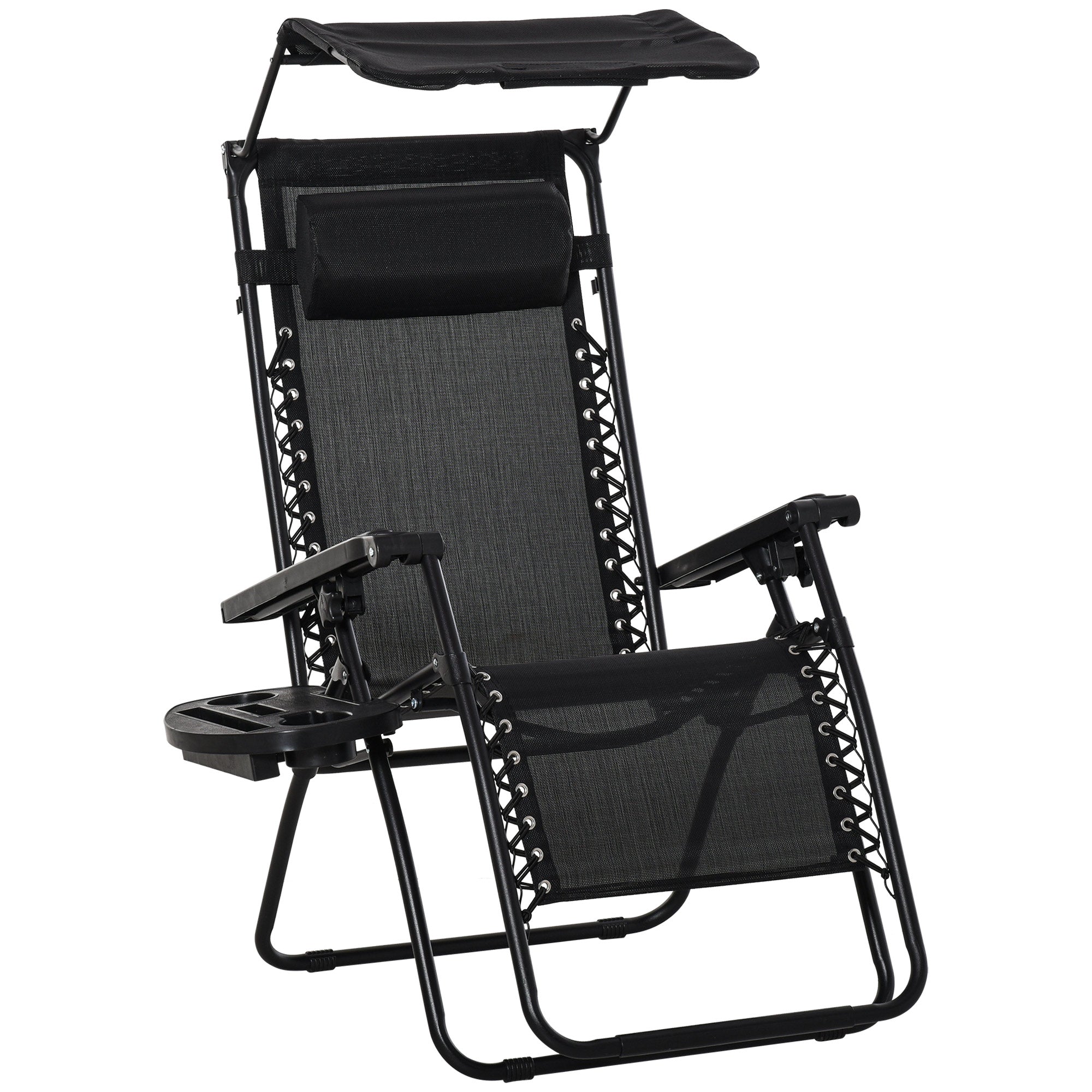 Zero Gravity Garden Deck Folding Chair Patio Sun Lounger Reclining Seat with Cup Holder & Canopy Shade - Black-0
