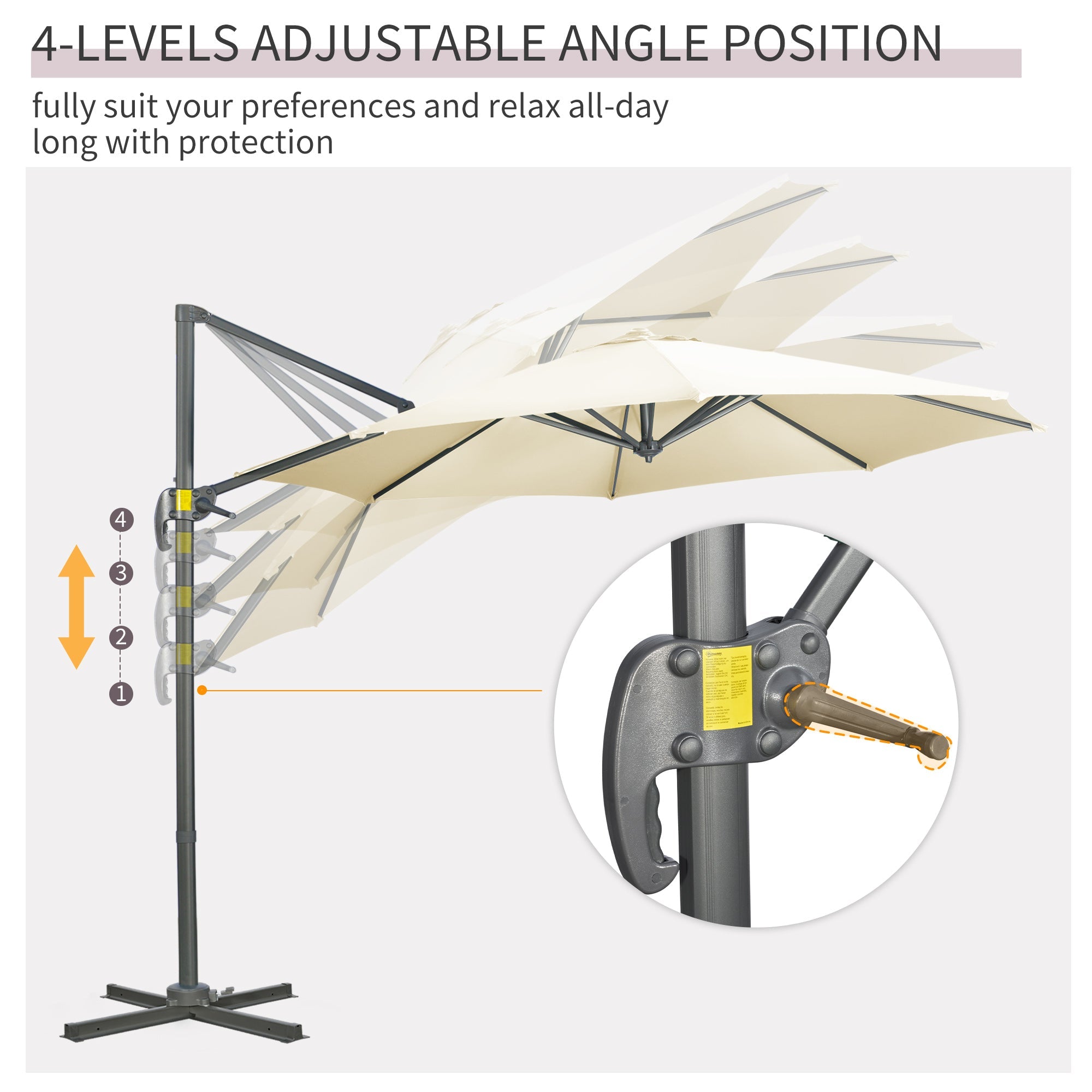 3 x 3(m) Cantilever Parasol with Cross Base, Garden Umbrella with 360° Rotation, Crank Handle and Tilt for Outdoor, Patio, Cream White-4