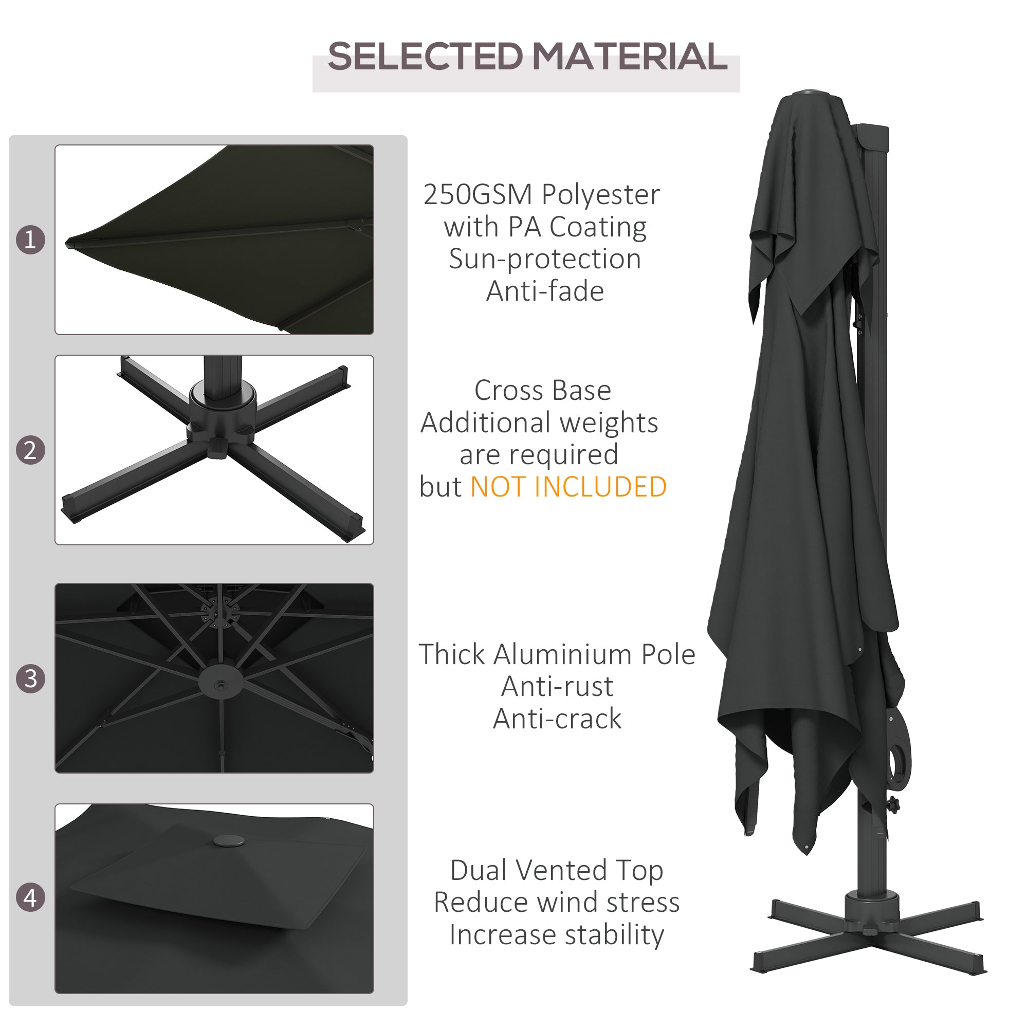 Garden Parasol, 3(m) Cantilever Parasol with Hydraulic Mechanism, Dual Vented Top, 8 Ribs, Cross Base, Grey-3