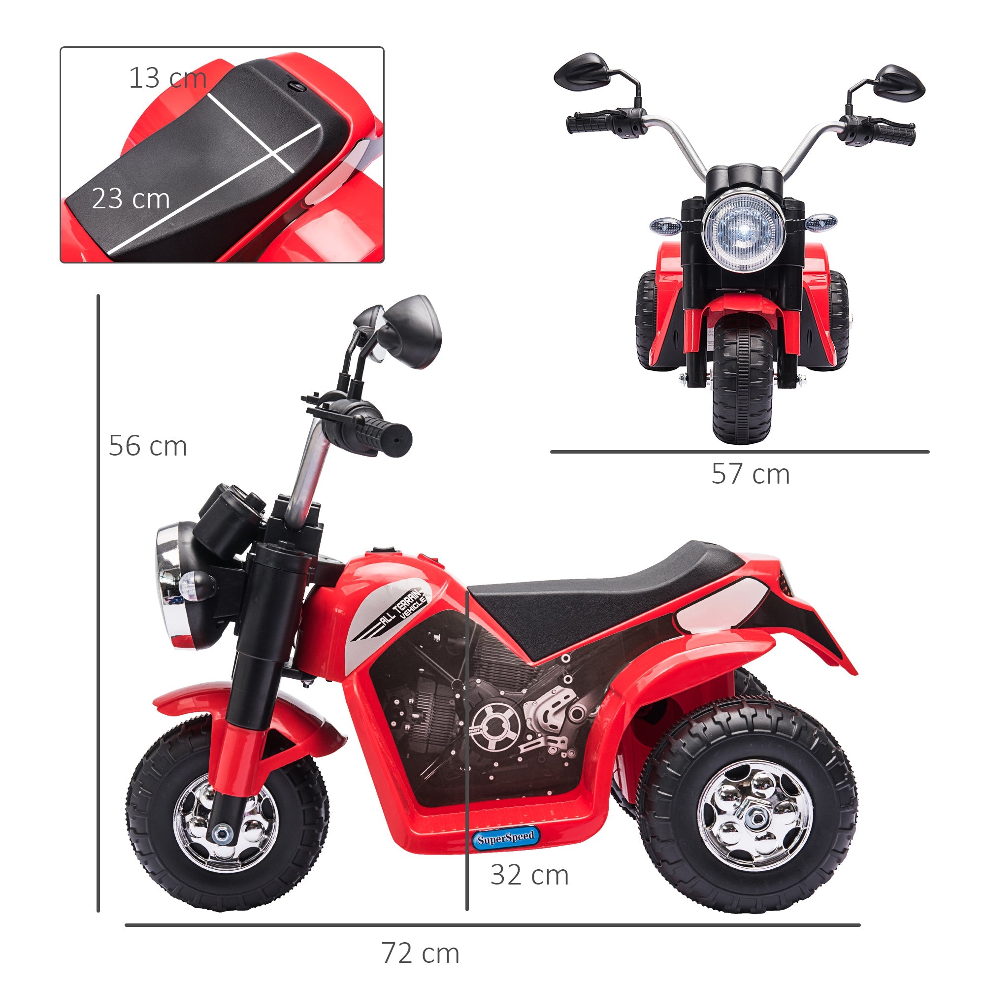 Kids Electric Motorcycle Ride-On Toy 3-Wheels Battery Powered Motorbike Rechargeable 6V with Horn Headlights Motorbike for 18 - 36 Months Red-2