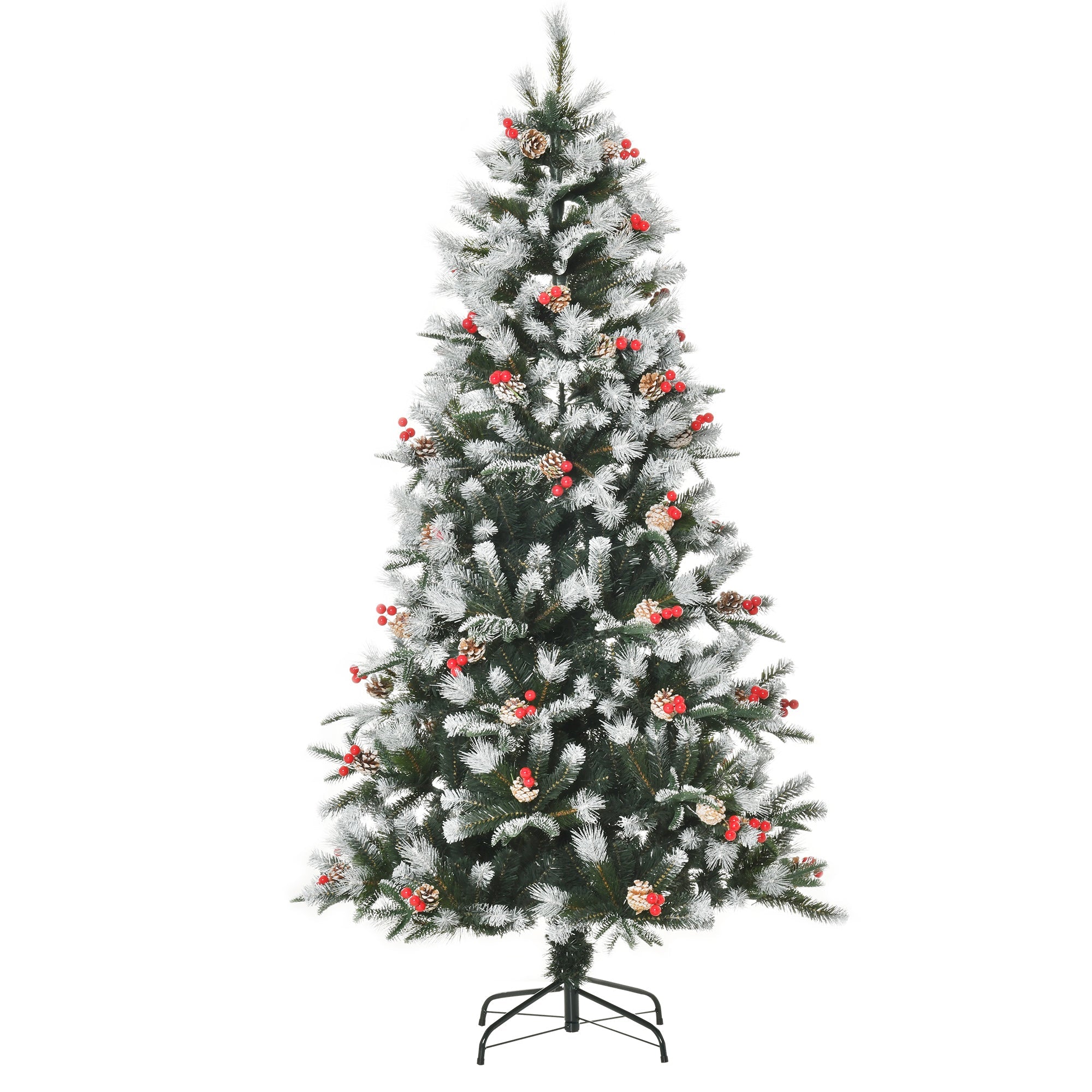 6FT Artificial Snow Dipped Christmas Tree Xmas Pencil Tree Holiday Home Party Decoration with Foldable Feet Red Berries White Pinecones, Green-0