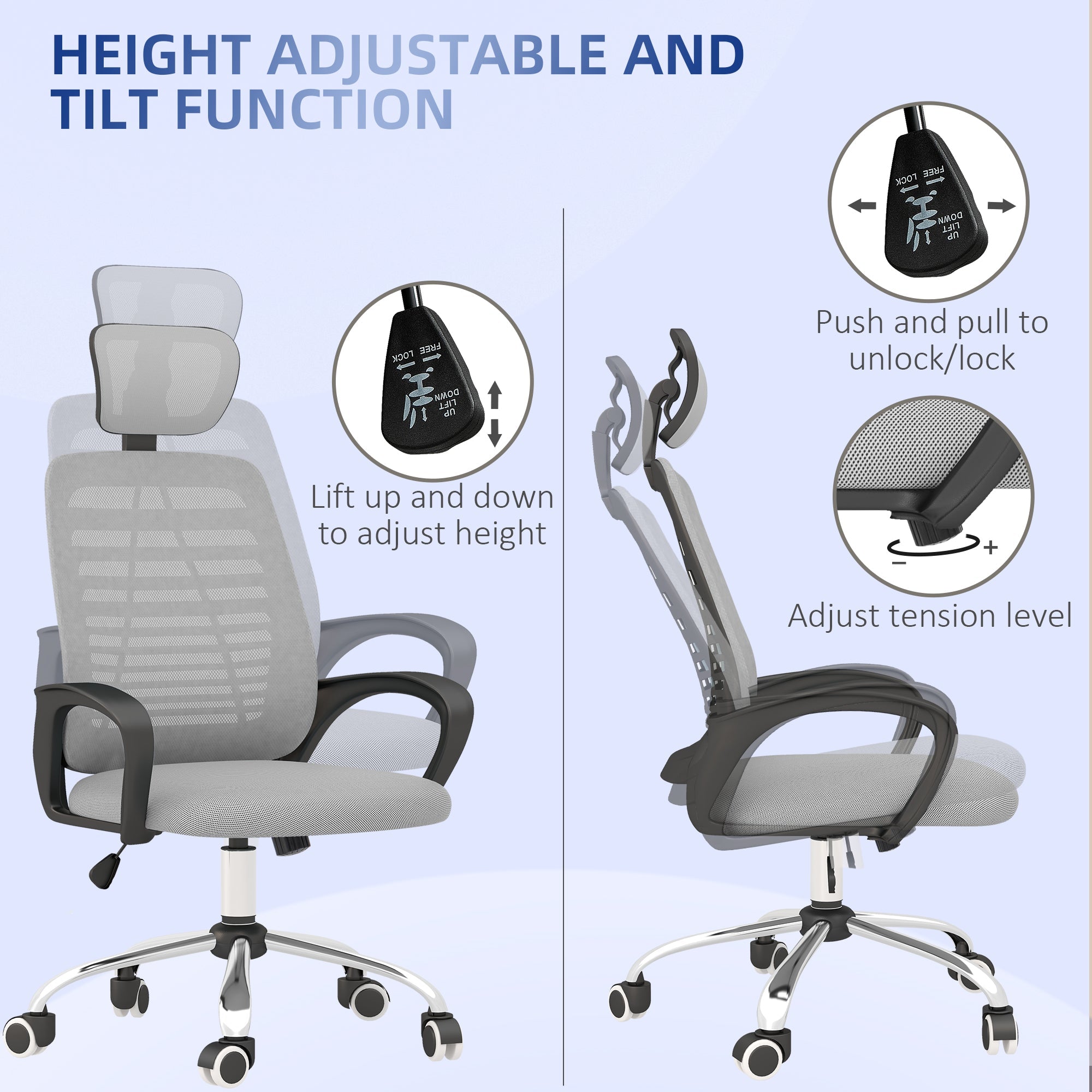 Ergonomic Office Chair, Mesh Desk Chair with Rotatable Headrest, Lumbar Back Support, Armrest, Grey-3