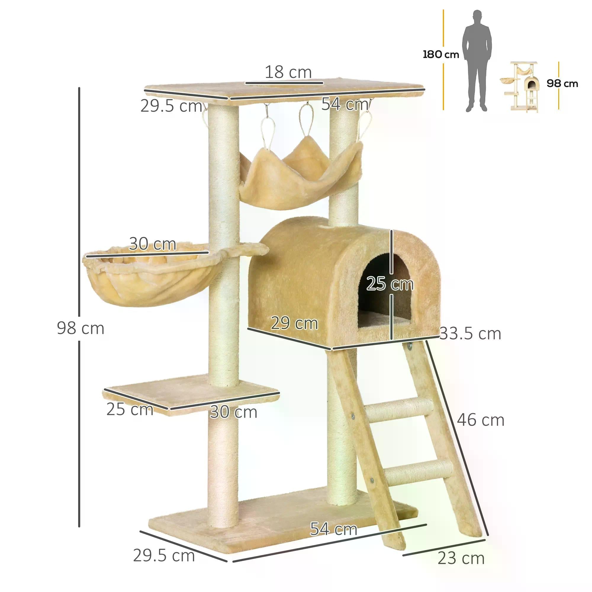 Cat Tree Tower Kitten Activity Centre Scratching Post w/ Hammock Condo Bed Basket Ladder 98 cm, Beige-2