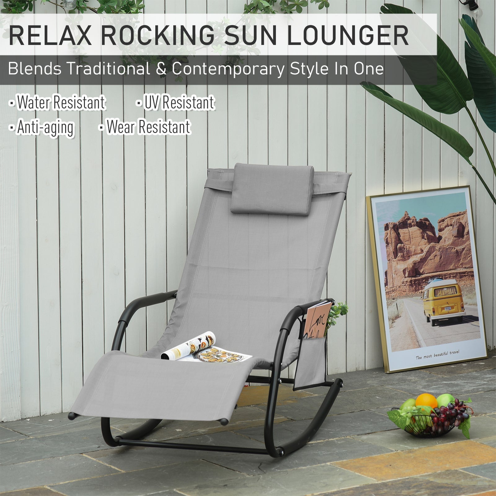 Breathable Mesh Rocking Chair Patio Rocker Lounge for Indoor & Outdoor Recliner Seat w/ Removable Headrest for Garden and Patio Grey-3